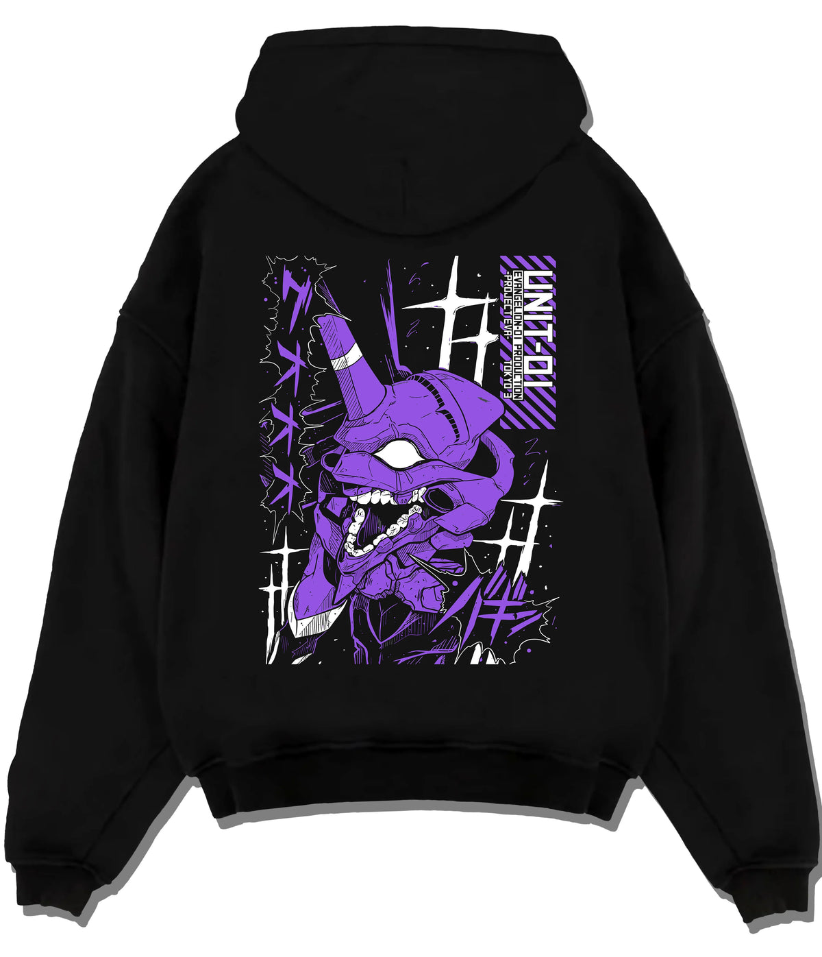 Black hoodie flat back view showing Evangelion Unit-01: purple mecha portrait