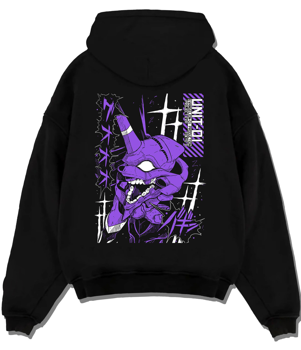 Black hoodie flat back view showing Evangelion Unit-01: purple mecha portrait