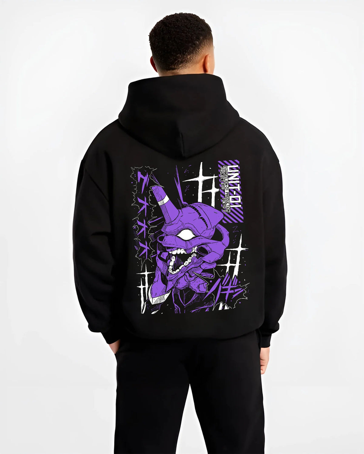 Black hoodie model back view showing Evangelion Unit-01: purple mecha portrait