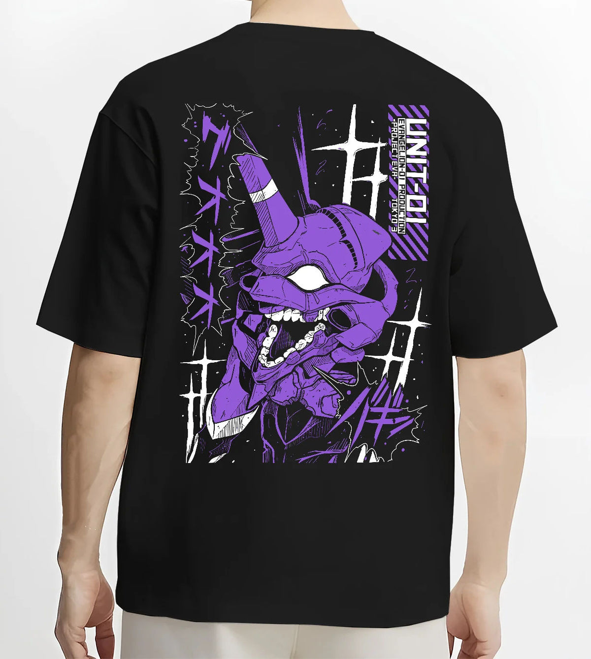 Black T-shirt model back view showing Evangelion Unit-01: purple mecha portrait