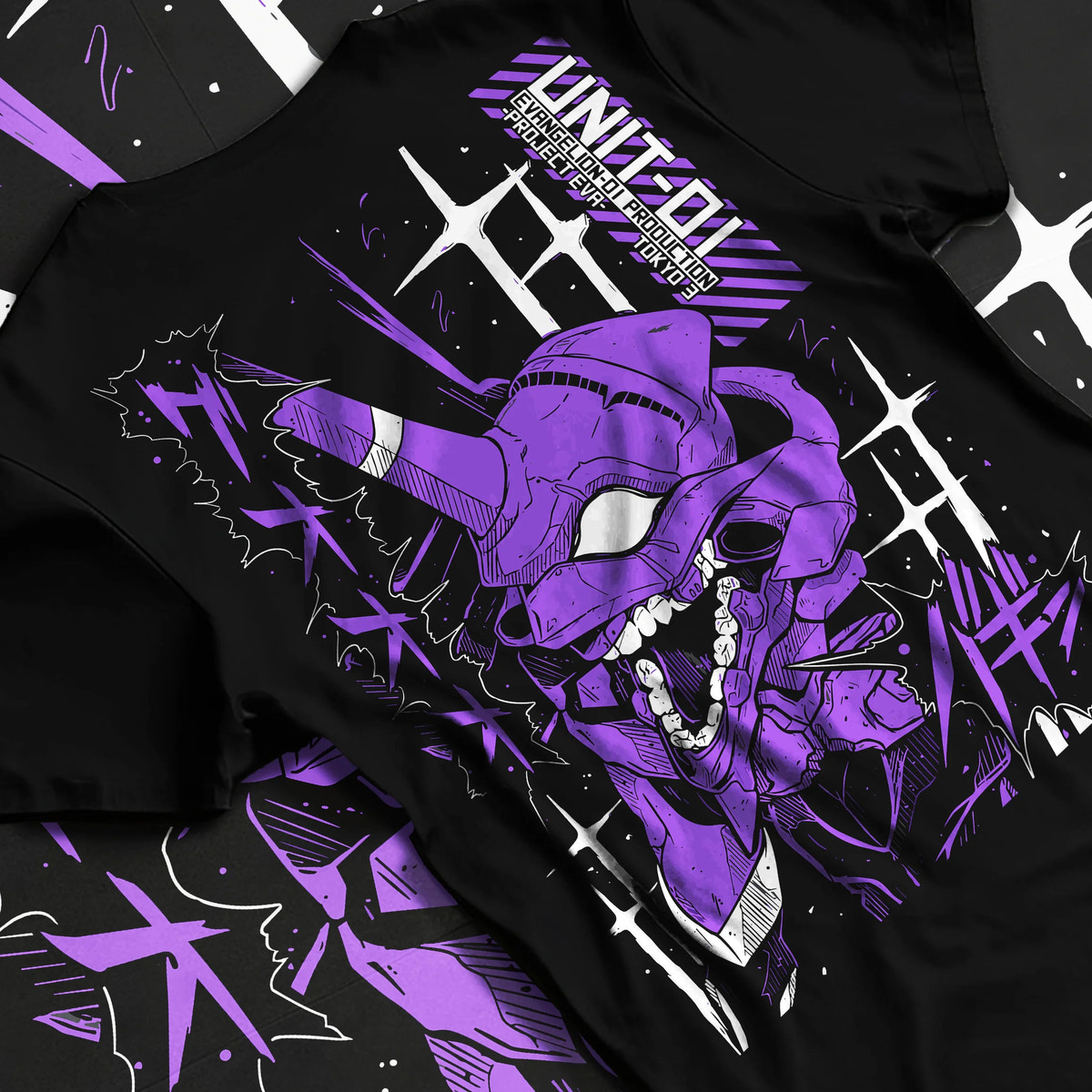 Black T-shirt flat back view showing Evangelion Unit-01: purple mecha portrait