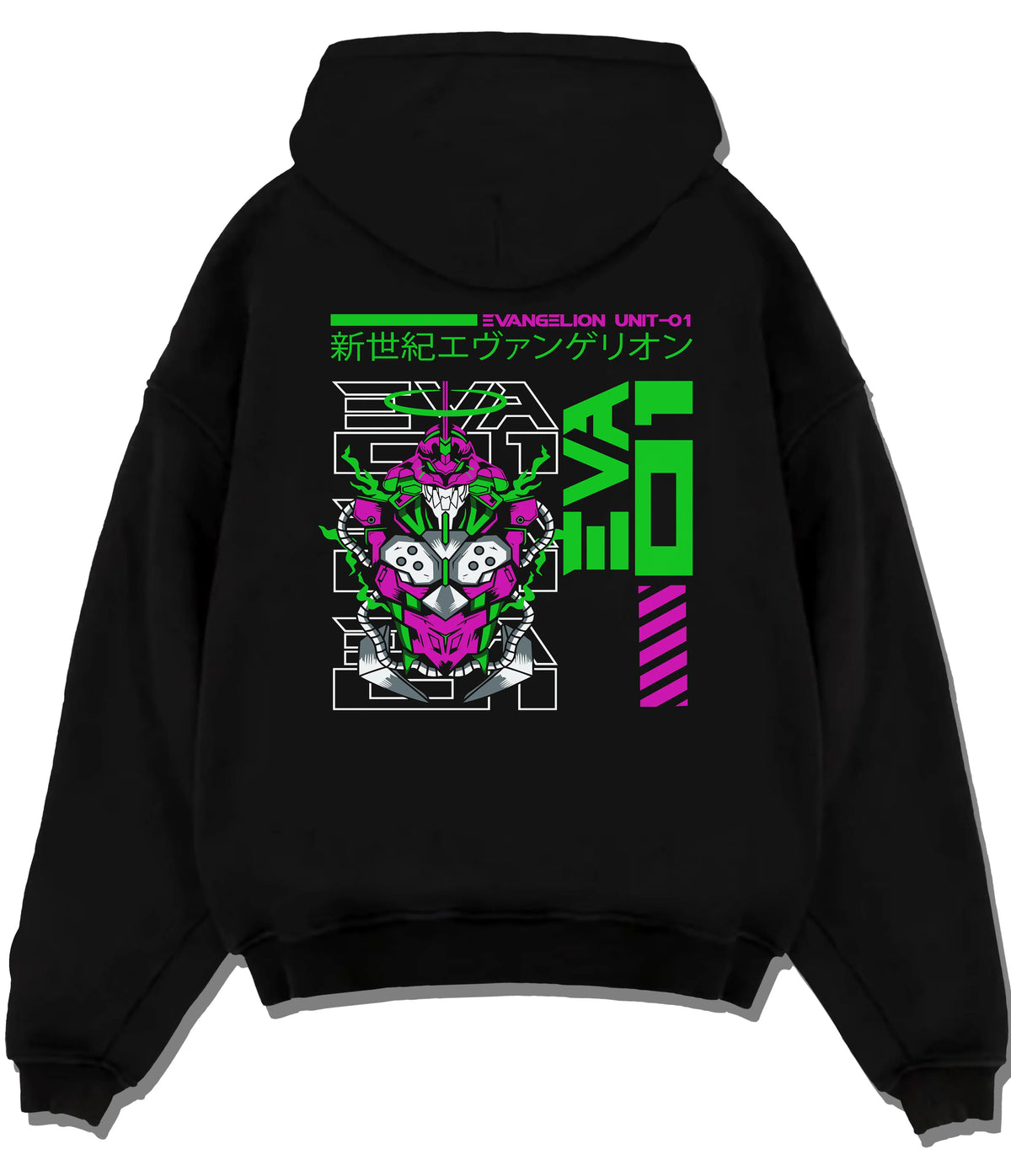 Black hoodie flat back view showing Evangelion Unit-01: green and magenta technical sketch