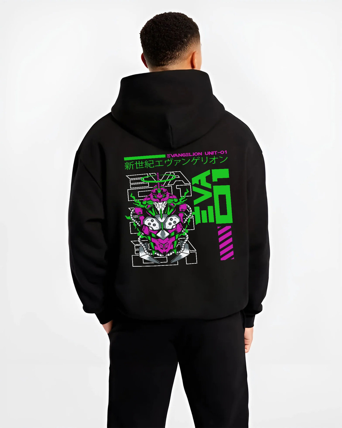 Black hoodie model back view showing Evangelion Unit-01: green and magenta technical sketch