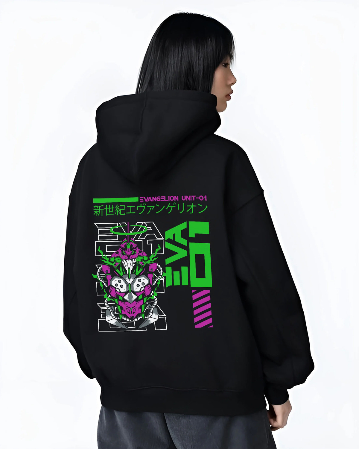 Black hoodie female model back view showing Evangelion Unit-01: green and magenta technical sketch