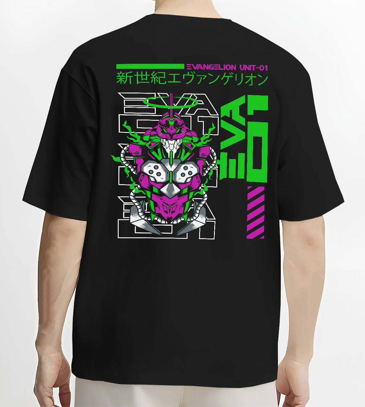 Black T-shirt model back view showing Evangelion Unit-01: green and magenta technical sketch