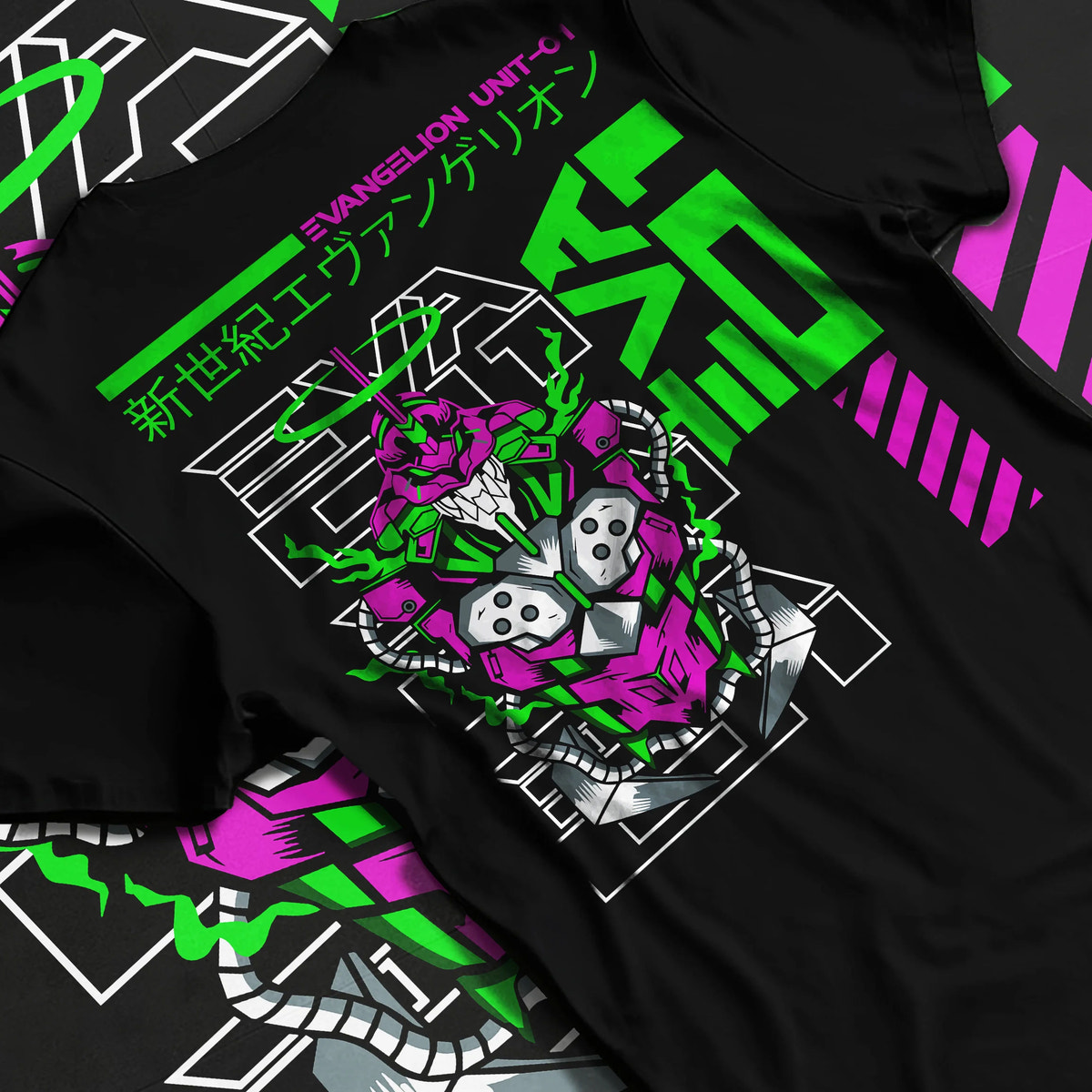 Black T-shirt flat back view showing Evangelion Unit-01: green and magenta technical sketch