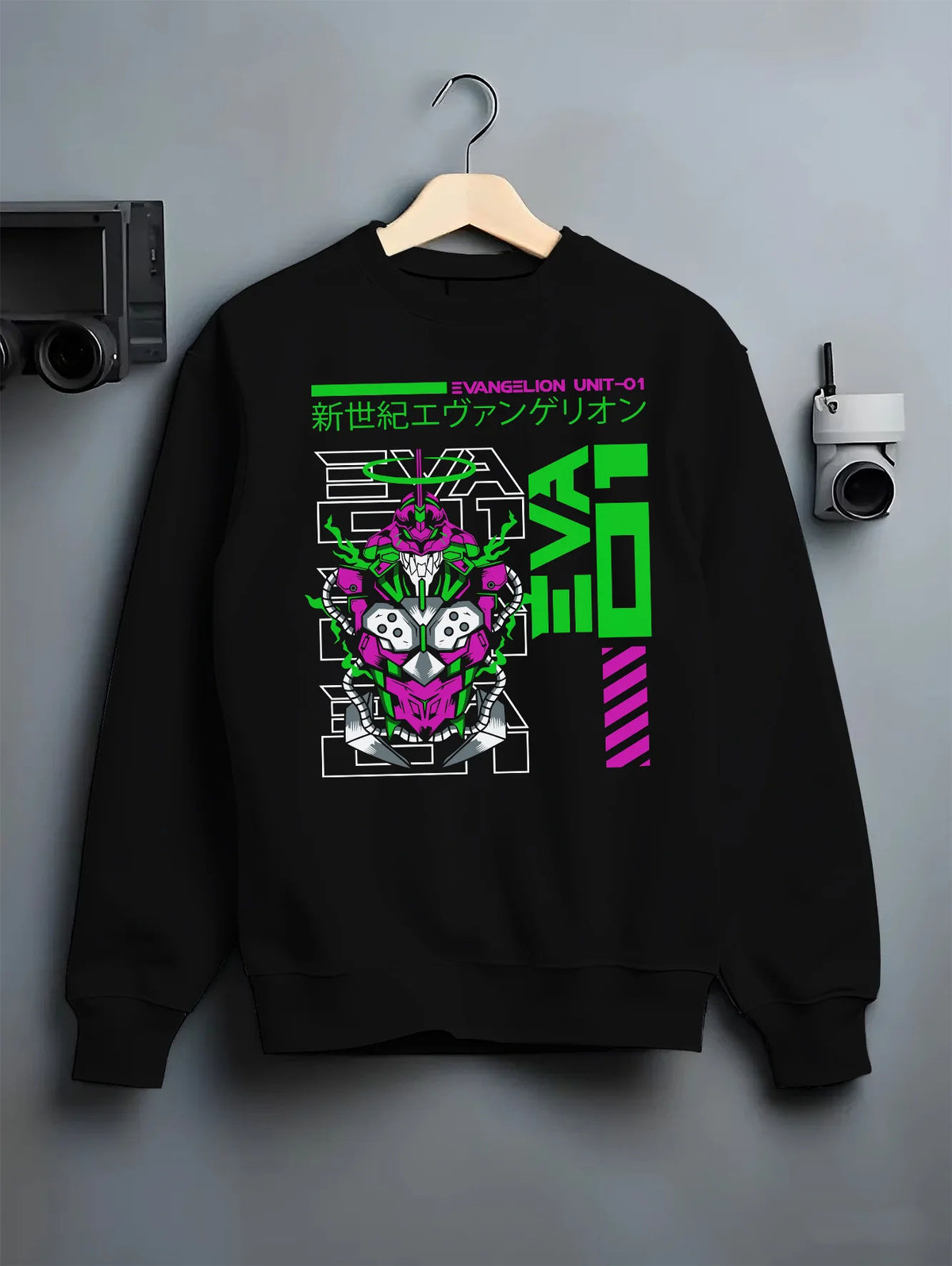 Black crewneck sweatshirt on hanger showing Evangelion Unit-01: green and magenta technical sketch