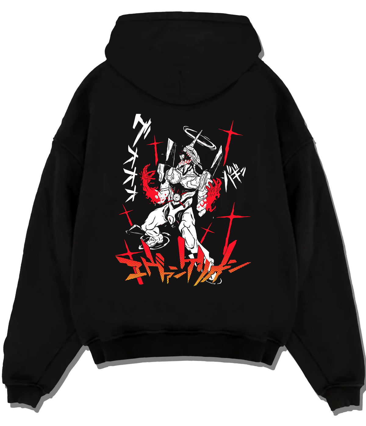 Black hoodie flat back view with Evangelion mecha in white suit with red accents illustrated back graphic