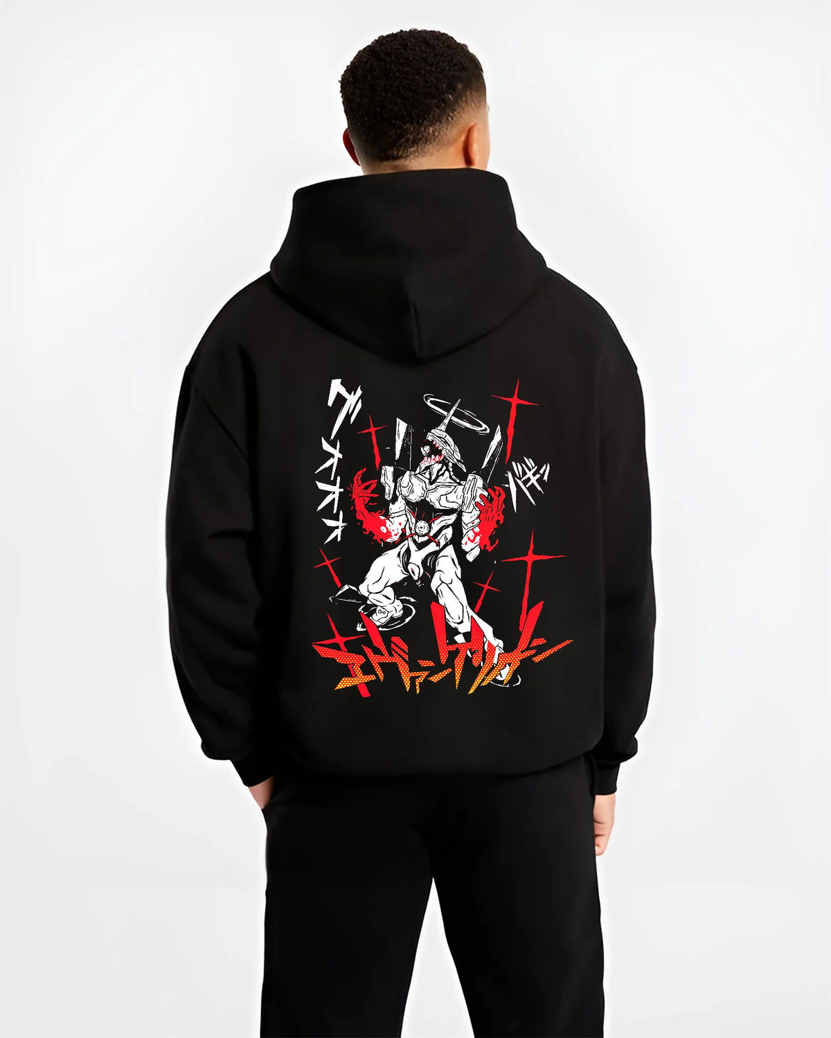 Black hoodie model back view with Evangelion mecha in white suit with red accents illustrated back graphic