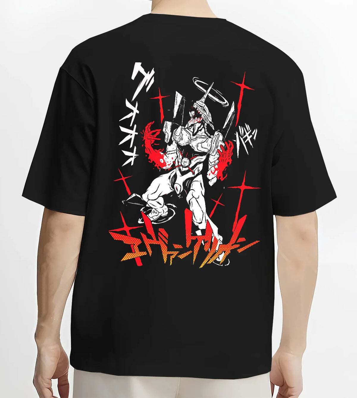 Black T-shirt model back view with Evangelion mecha in white suit with red accents illustrated back graphic
