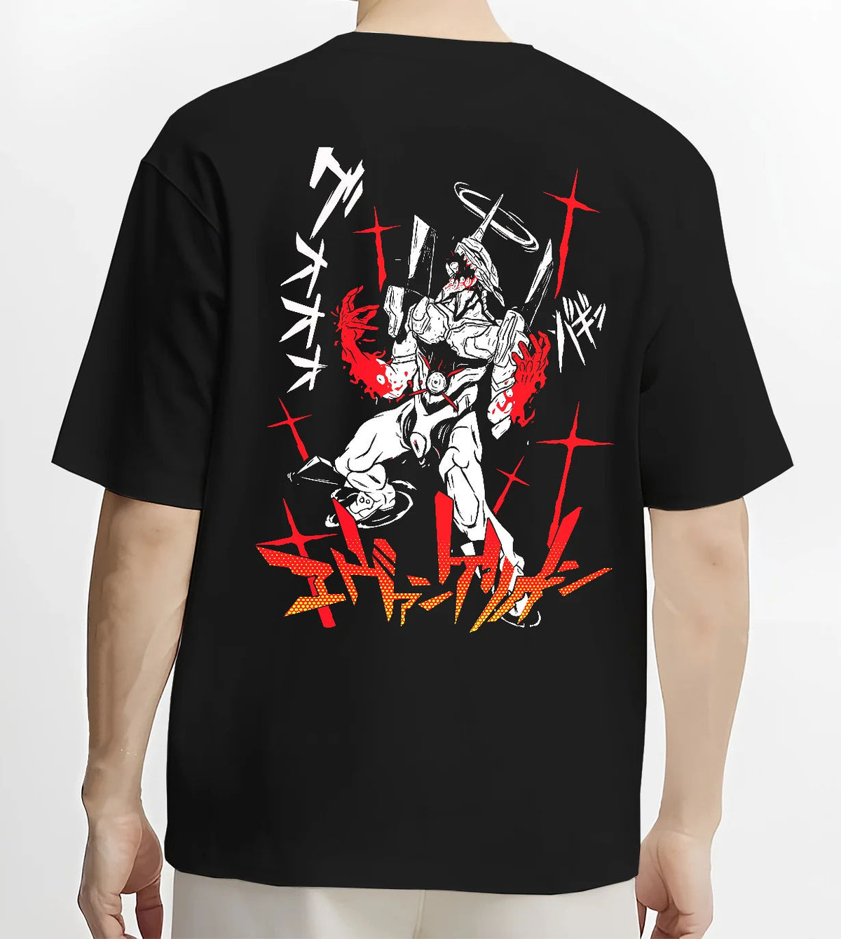 Black T-shirt model back view with Evangelion mecha in white suit with red accents illustrated back graphic