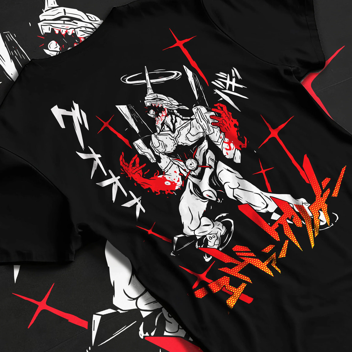Black T-shirt flat back view with Evangelion mecha in white suit with red accents illustrated back graphic