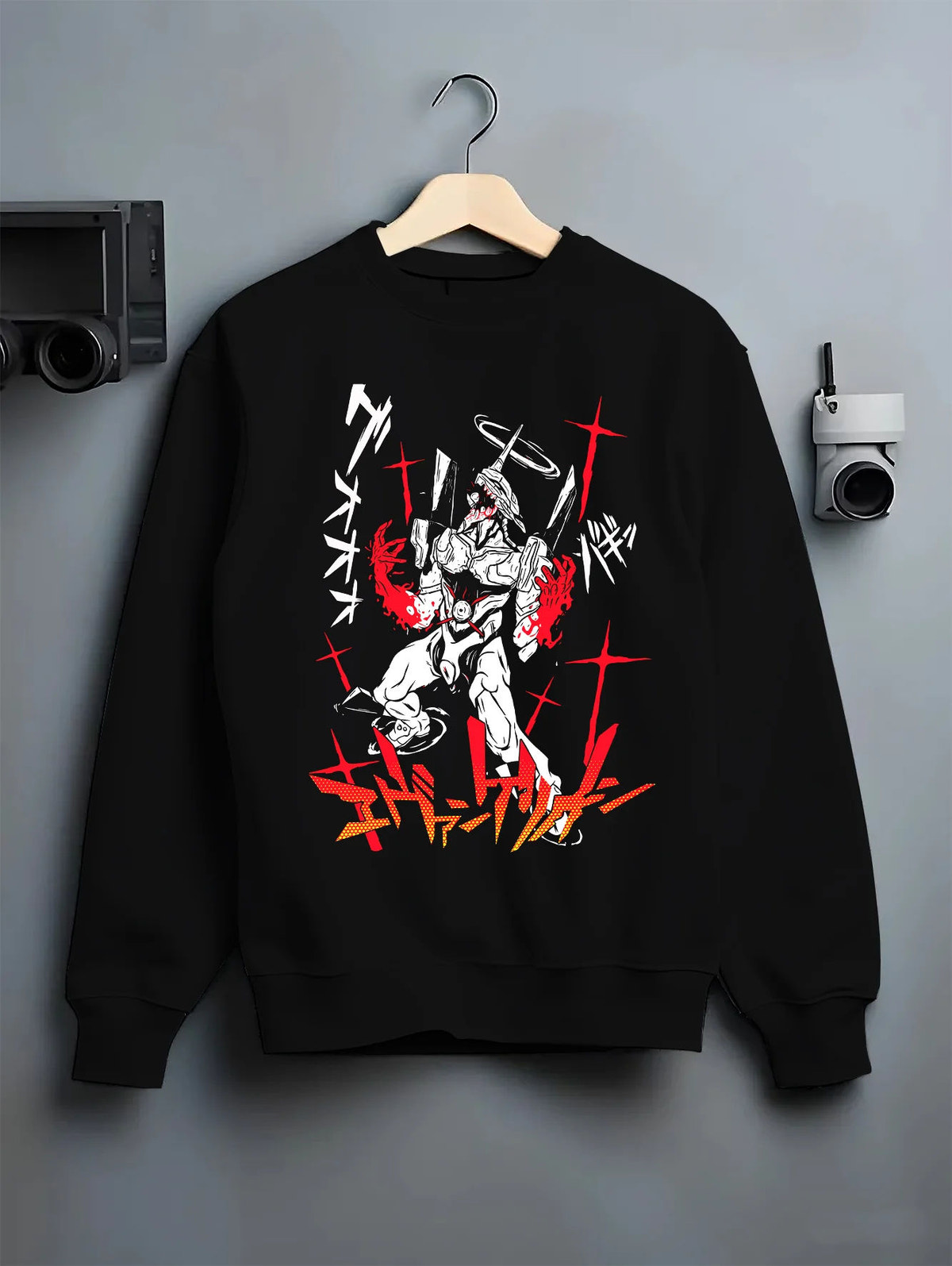 Black crewneck sweatshirt on hanger with Evangelion mecha in white suit with red accents illustrated back graphic