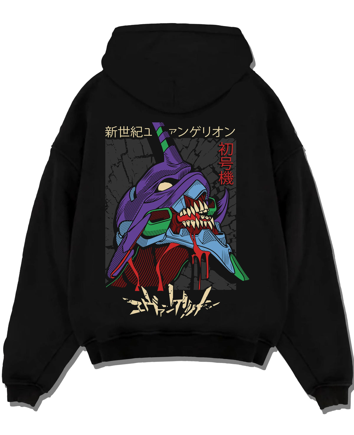 Black hoodie laid flat featuring Evangelion Unit 01 mecha artwork.