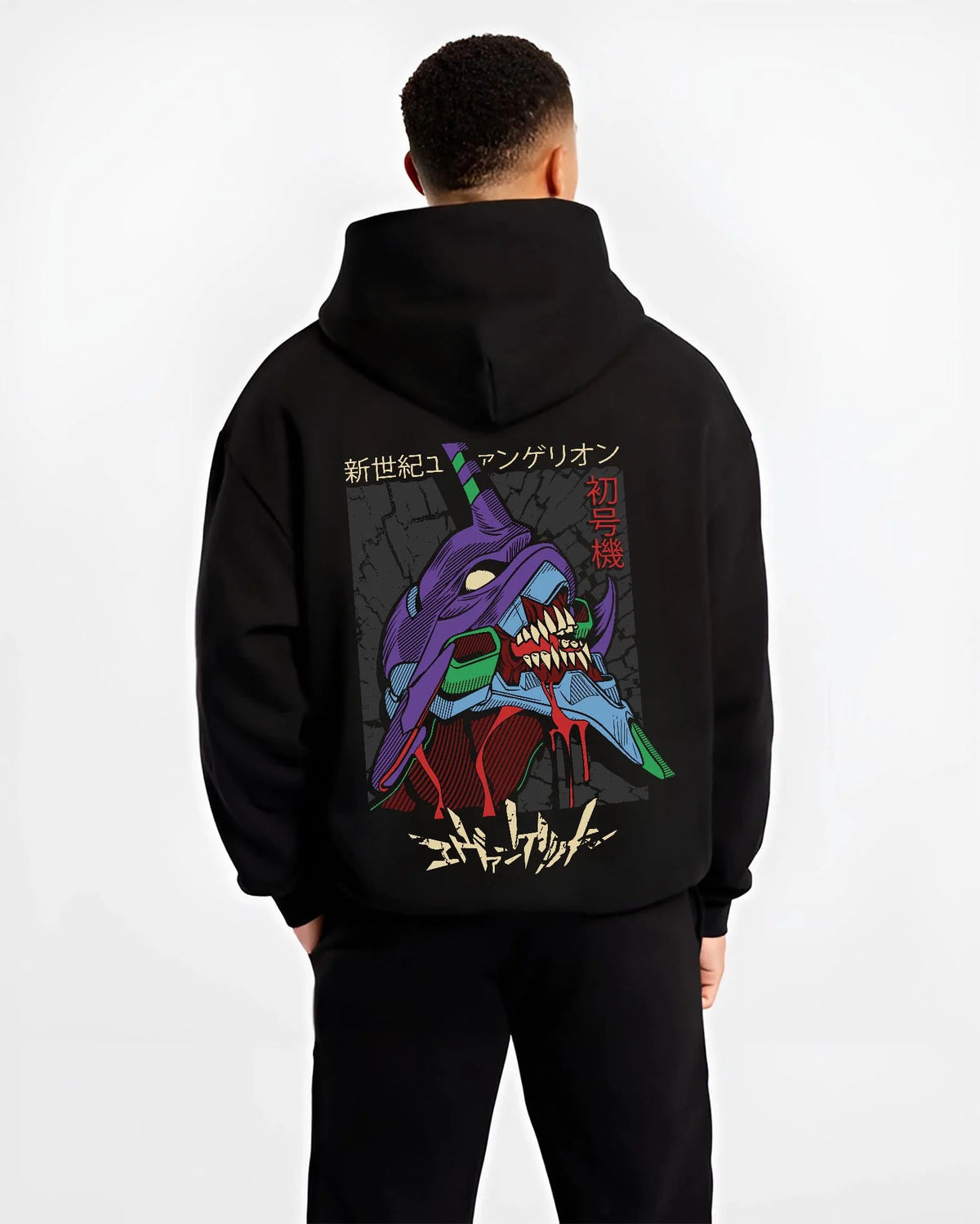 Black hoodie worn by male model from the back featuring Evangelion Unit 01 mecha artwork.