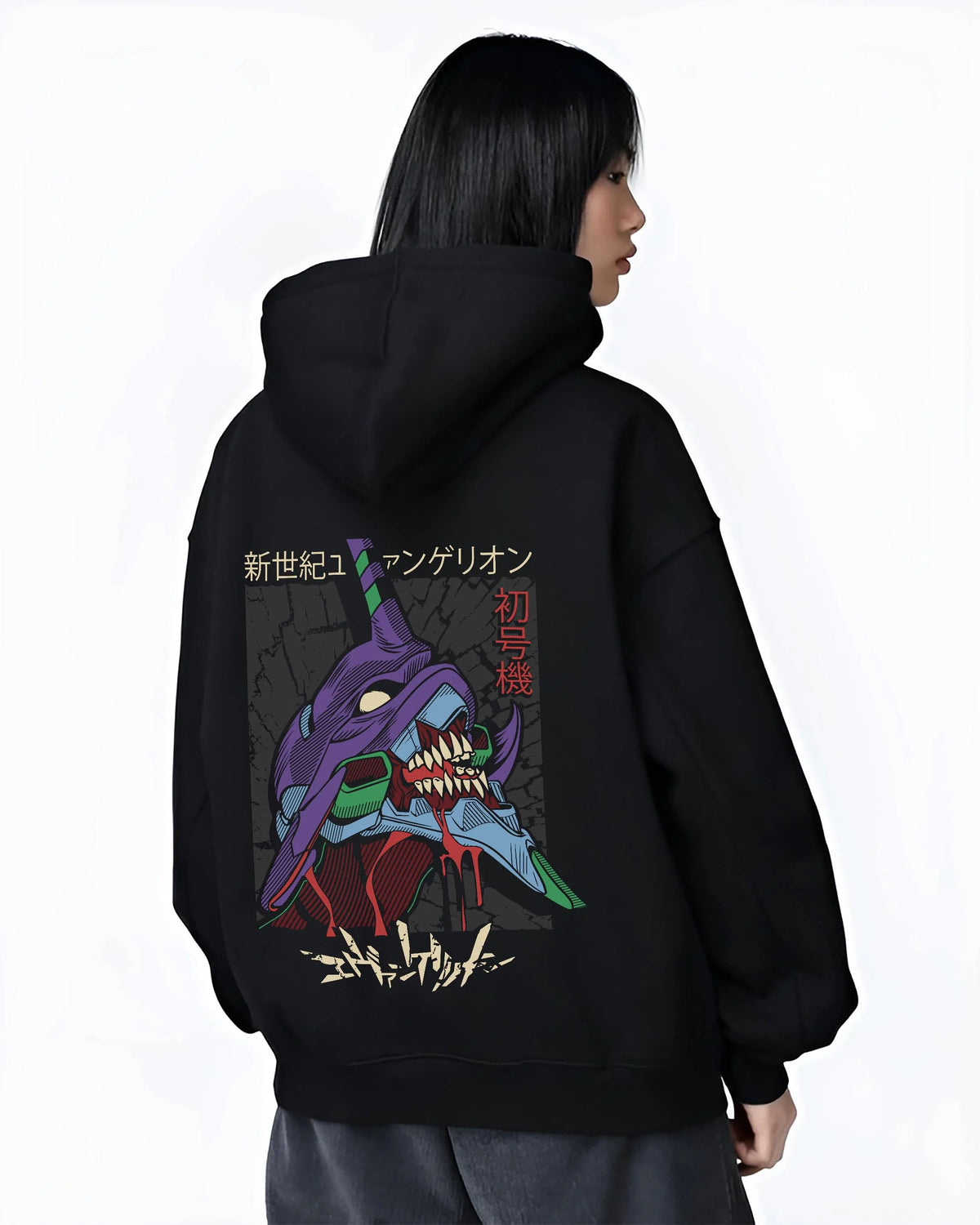 Black hoodie worn by female model from the back featuring Evangelion Unit 01 mecha artwork.