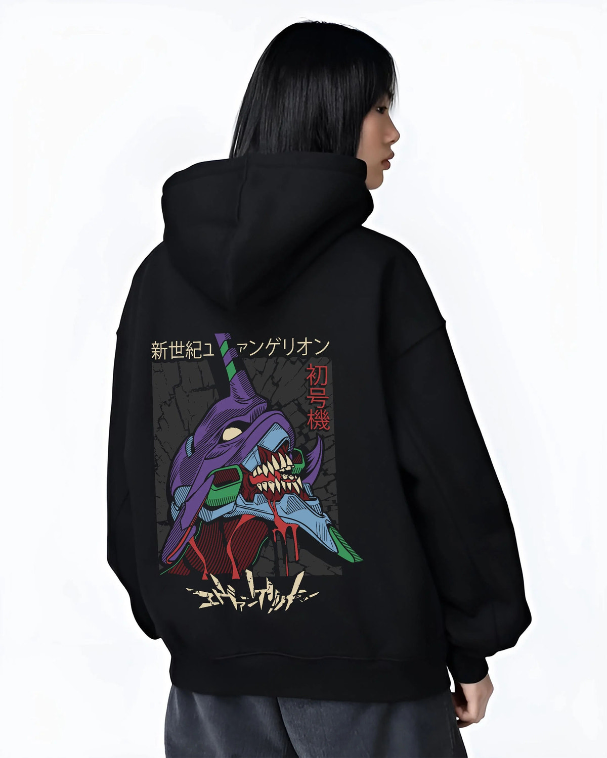 Black hoodie worn by female model from the back featuring Evangelion Unit 01 mecha artwork.