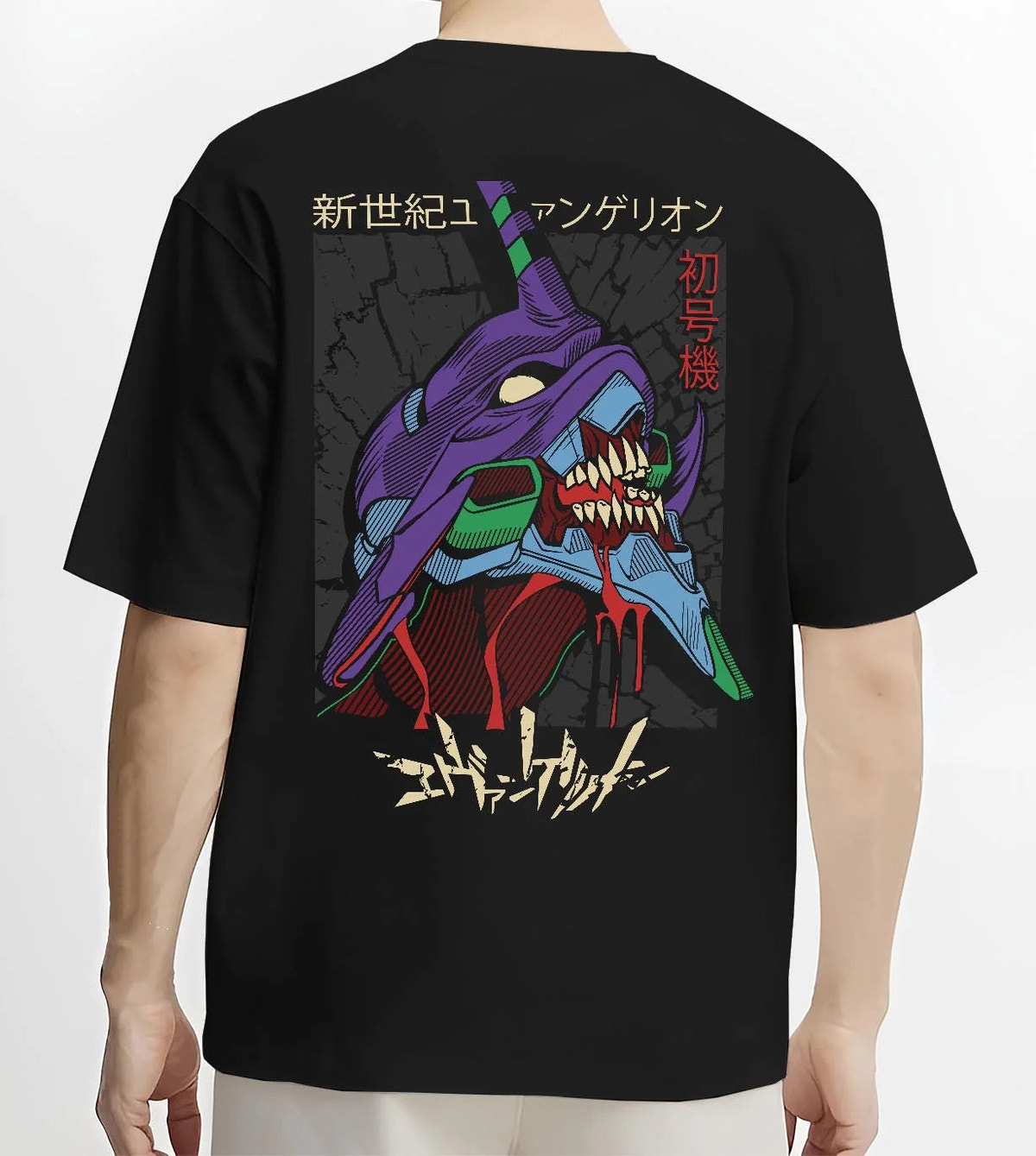 Black T-shirt worn by male model from the back featuring Evangelion Unit 01 mecha artwork.