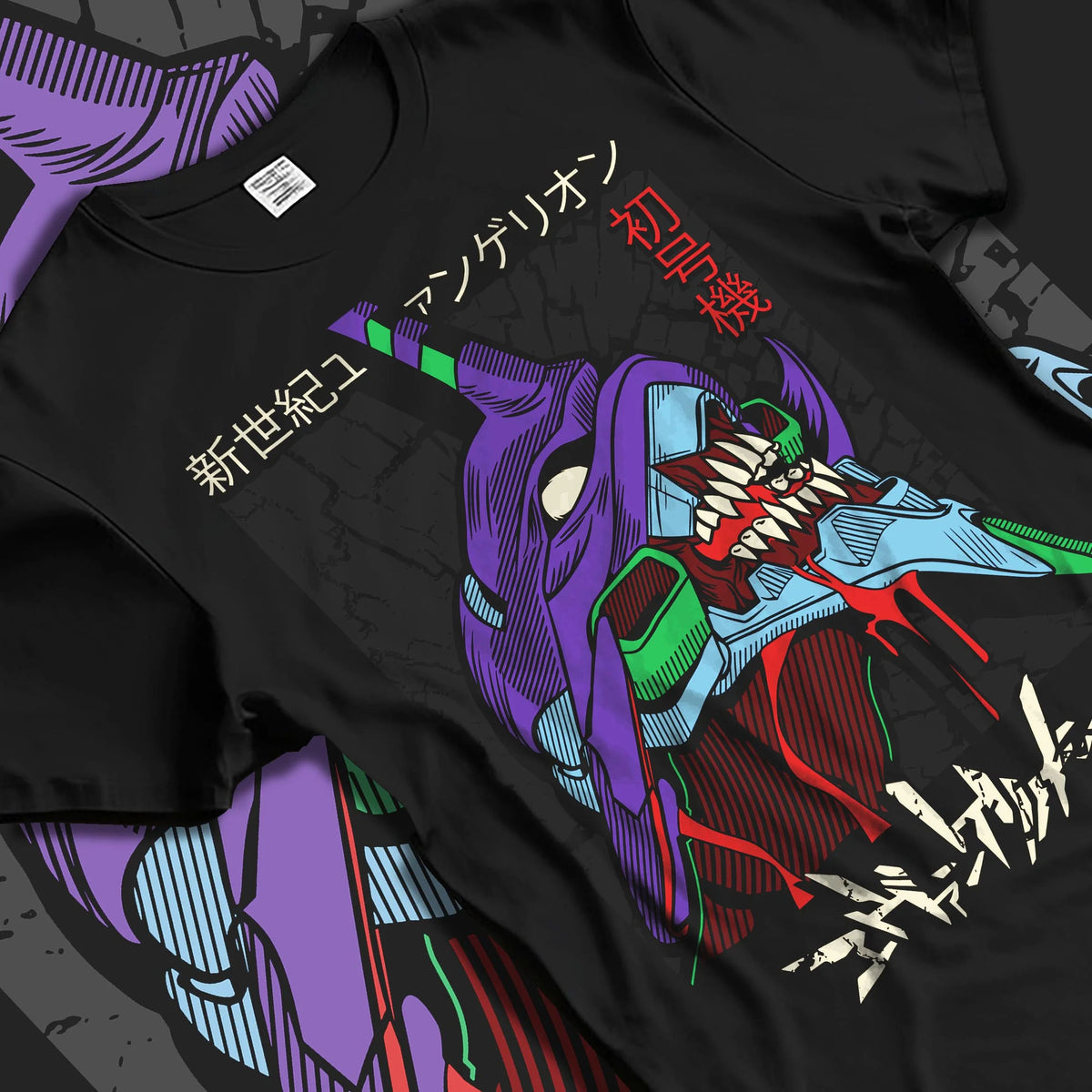 Black T-shirt laid flat with natural folds featuring Evangelion Unit 01 mecha artwork.