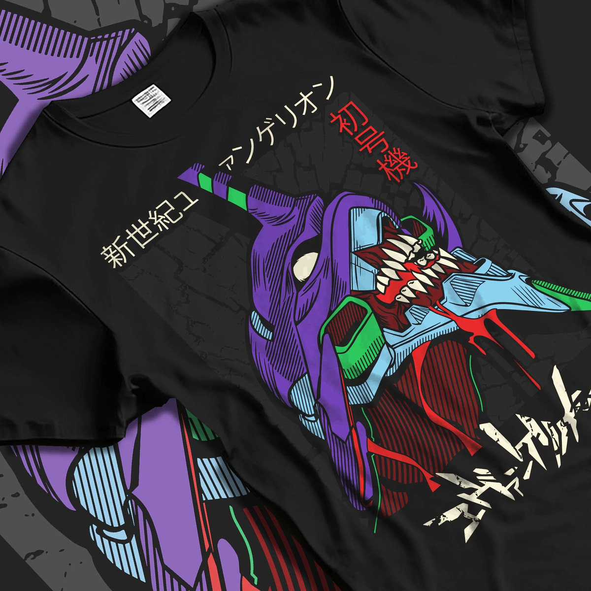 Black T-shirt laid flat with natural folds featuring Evangelion Unit 01 mecha artwork.