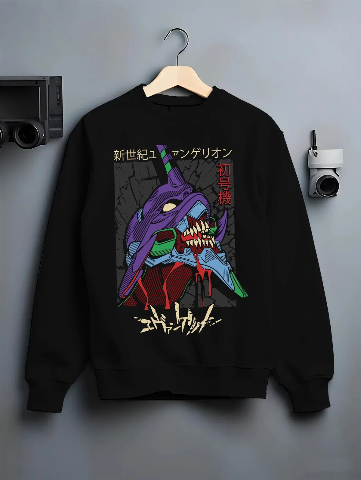 Black crewneck sweatshirt on hanger featuring Evangelion Unit 01 mecha artwork.