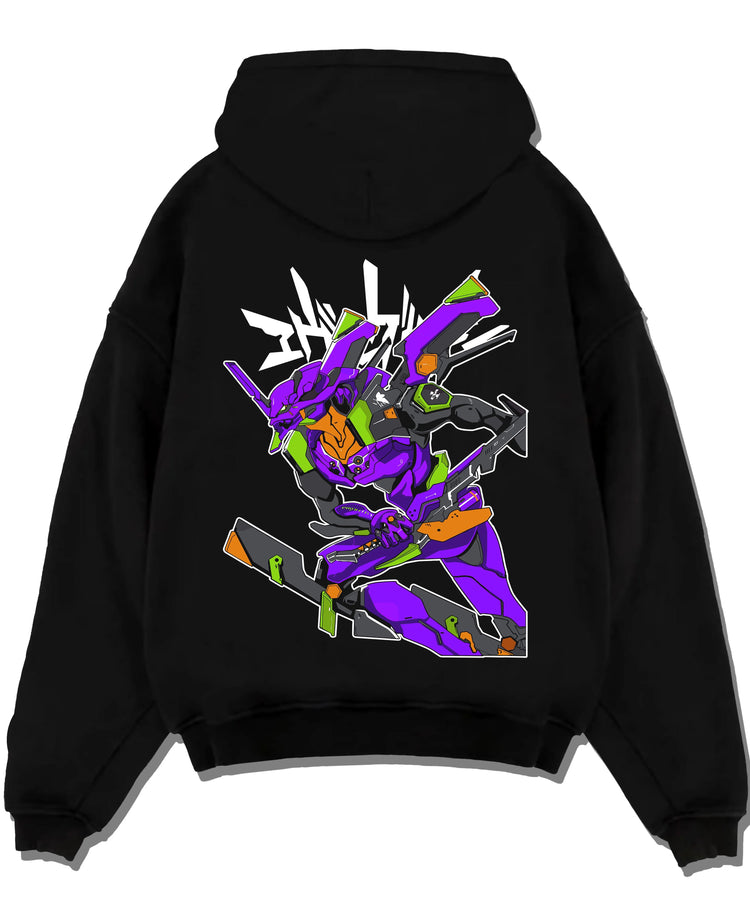 Black pullover hoodie laid flat with Evangelion Unit 01 Hoodie Neon Genesis Battle Mode graphic streetwear graphic.
