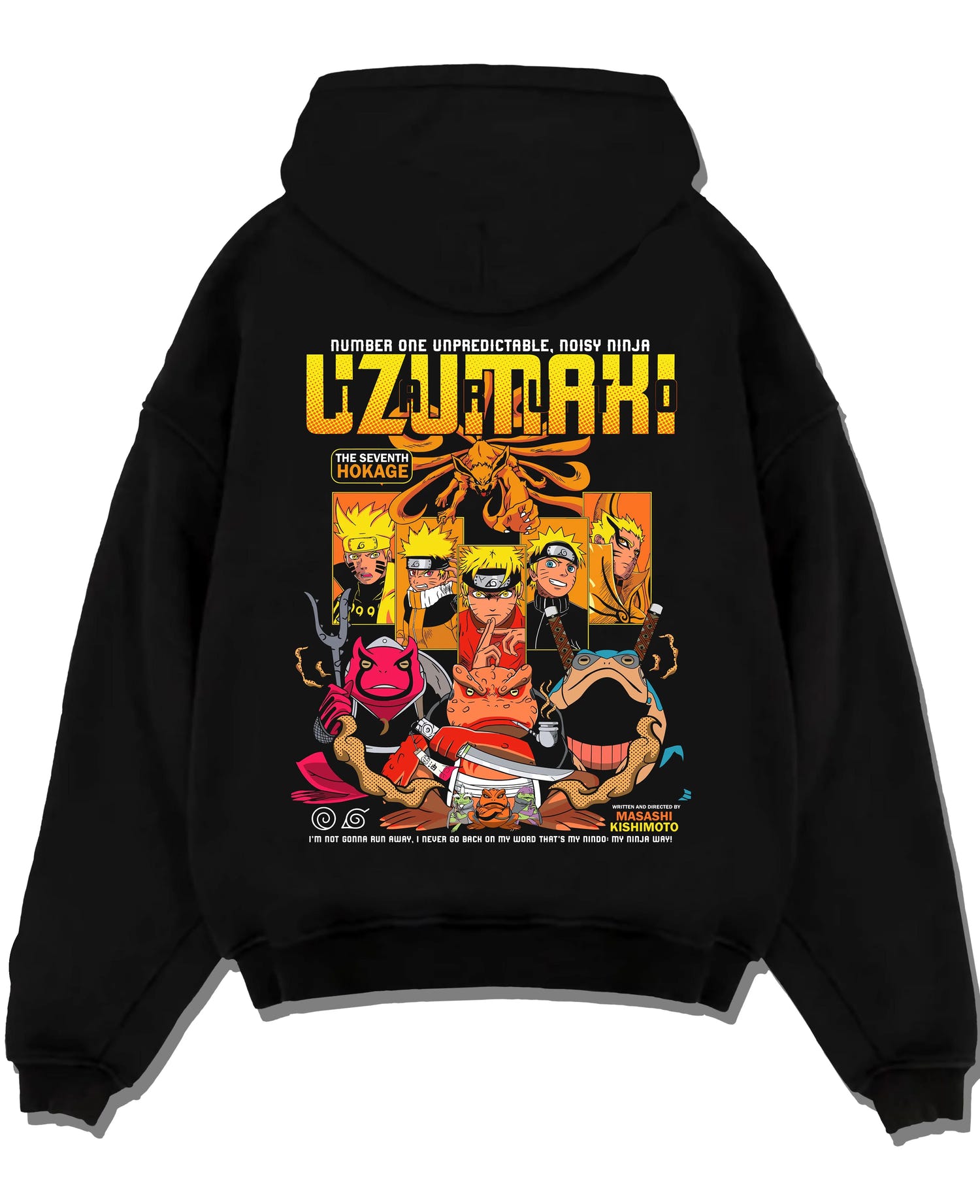Black pullover hoodie laid flat with Naruto Hoodie Uzumaki Hokage Legacy Anime Jumper graphic premium wear.