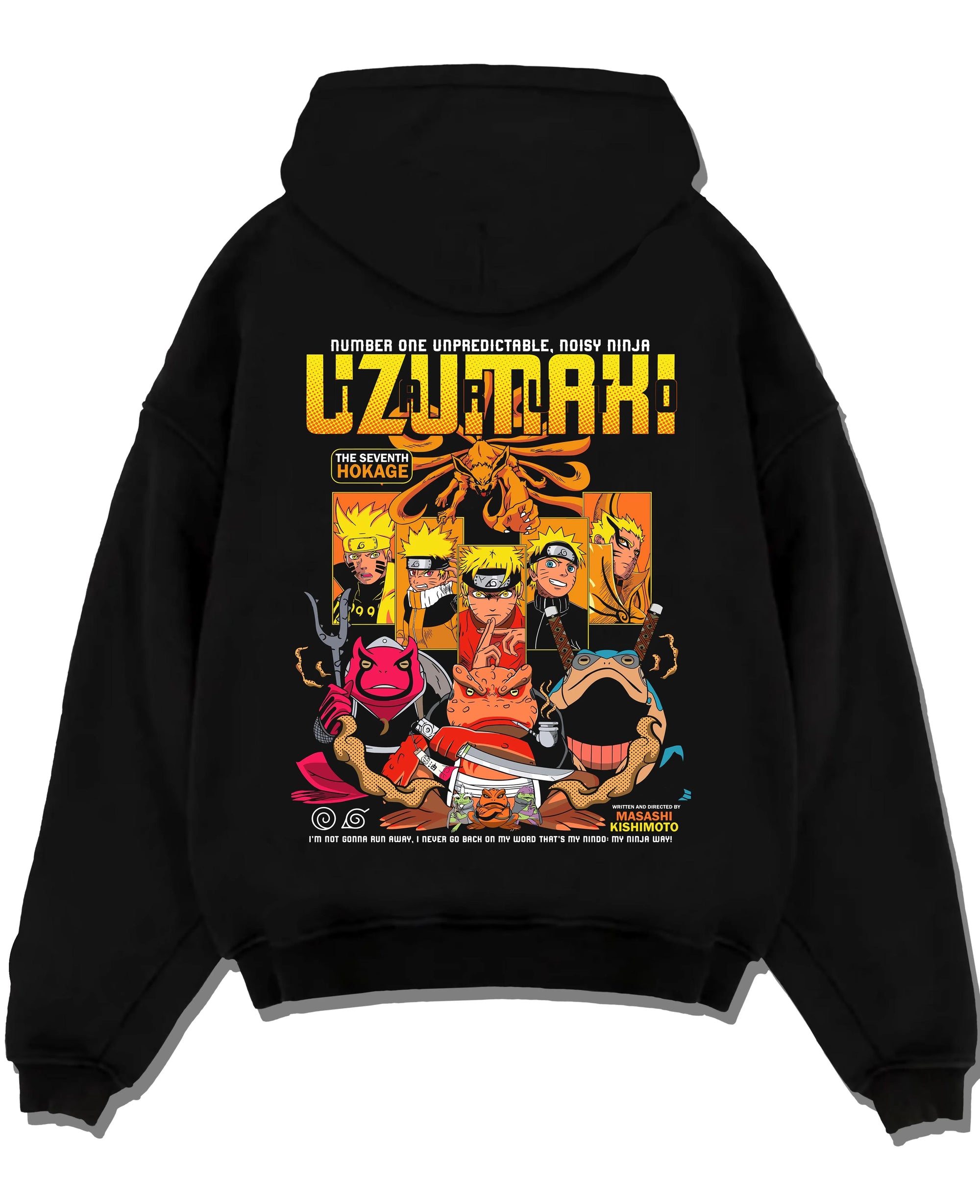 Black pullover hoodie laid flat with Naruto Hoodie Uzumaki Hokage Legacy Anime Jumper graphic premium wear.