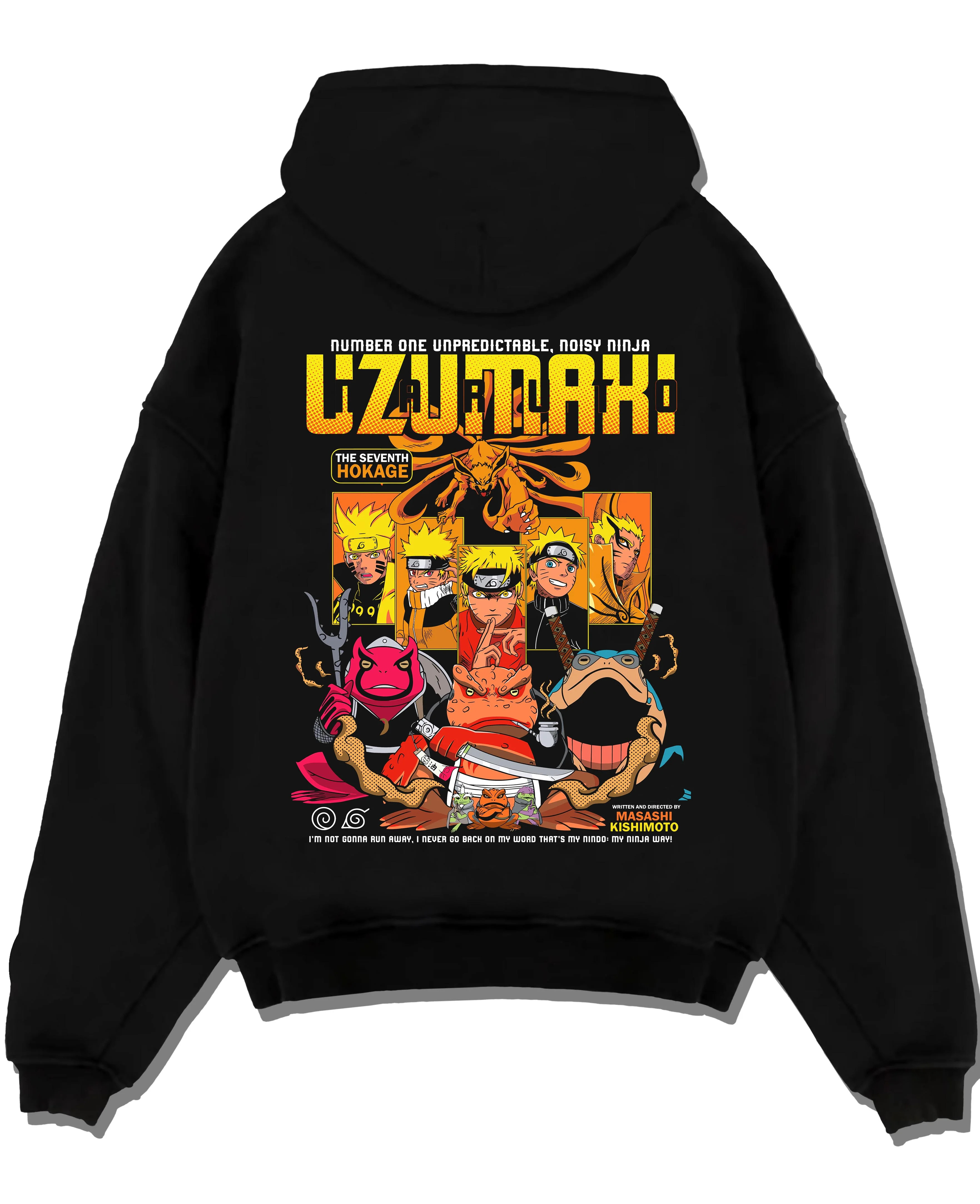 Black pullover hoodie laid flat with Naruto Hoodie Uzumaki Hokage Legacy Anime Jumper graphic premium wear.