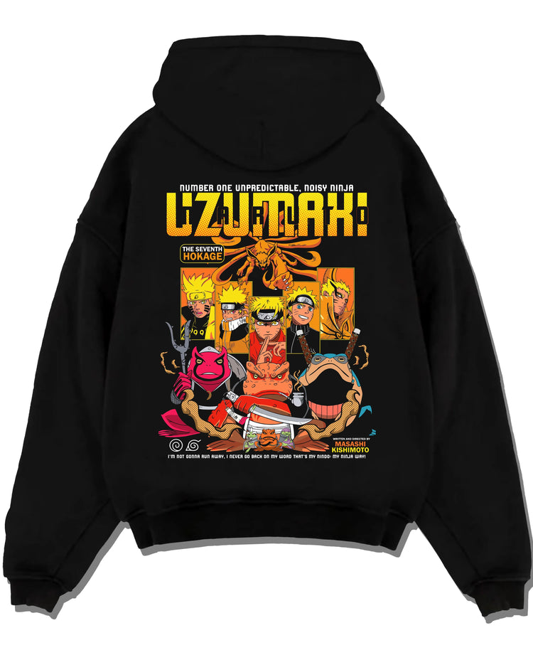 Black pullover hoodie laid flat with Naruto Hoodie Uzumaki Hokage Legacy Anime Jumper graphic premium wear.