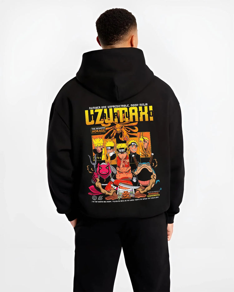 Black hoodie worn by male model, back view with Naruto Hoodie Uzumaki Hokage Legacy Anime Jumper graphic bold anime graphic.