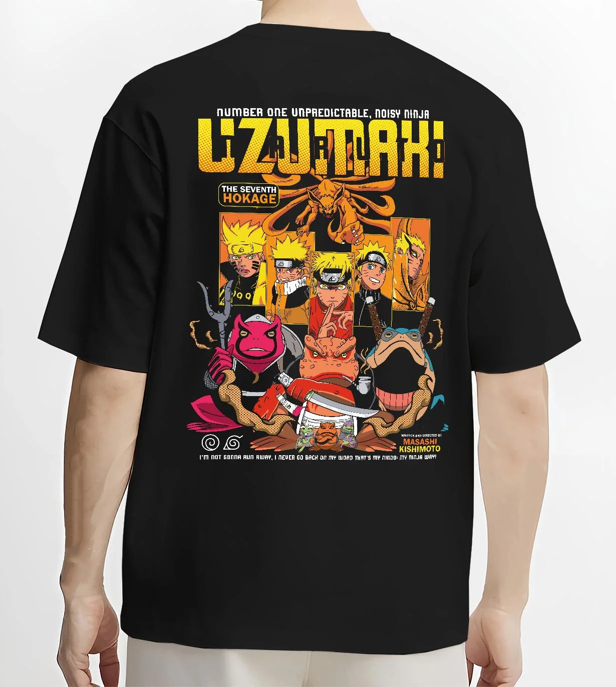 Black T-shirt worn by male model, back view with Naruto Hoodie Uzumaki Hokage Legacy Anime Jumper graphic premium wear.