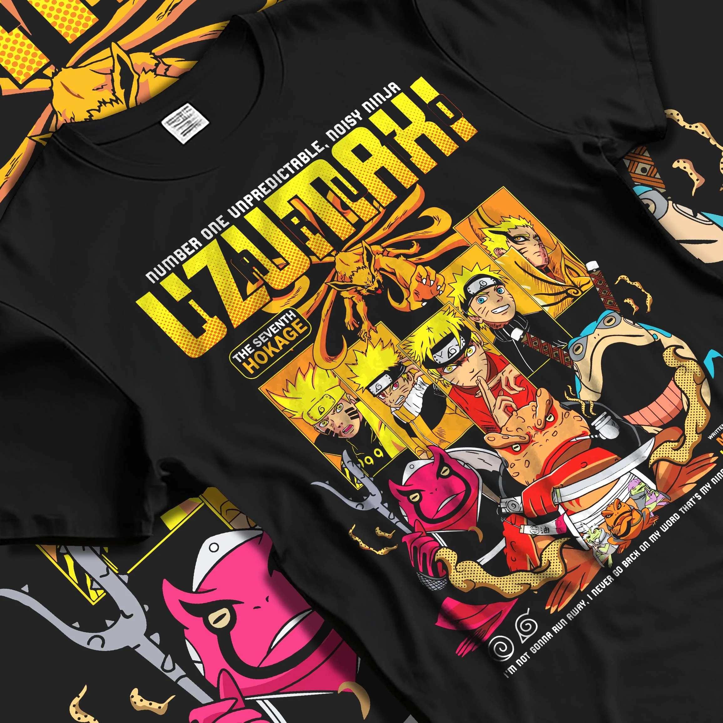 Black T-shirt laid flat with natural folds with Naruto Hoodie Uzumaki Hokage Legacy Anime Jumper graphic premium wear.