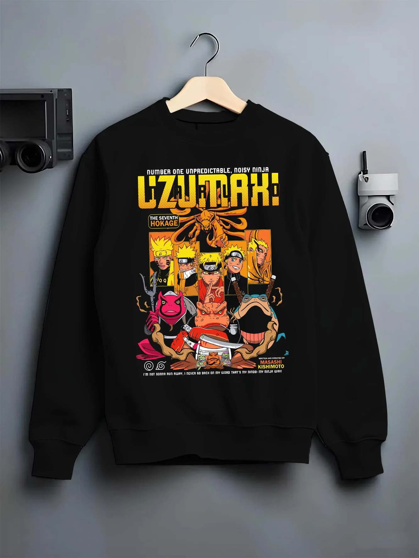 Black crewneck sweatshirt on hanger with Naruto Hoodie Uzumaki Hokage Legacy Anime Jumper graphic bold anime graphic.