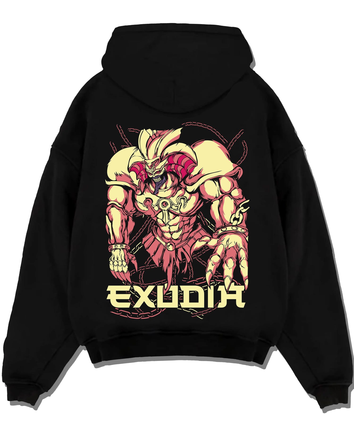 Black pullover hoodie laid flat with Exodia Hoodie Yu-Gi-Oh Legendary Forbidden Monster graphic bold anime graphic.