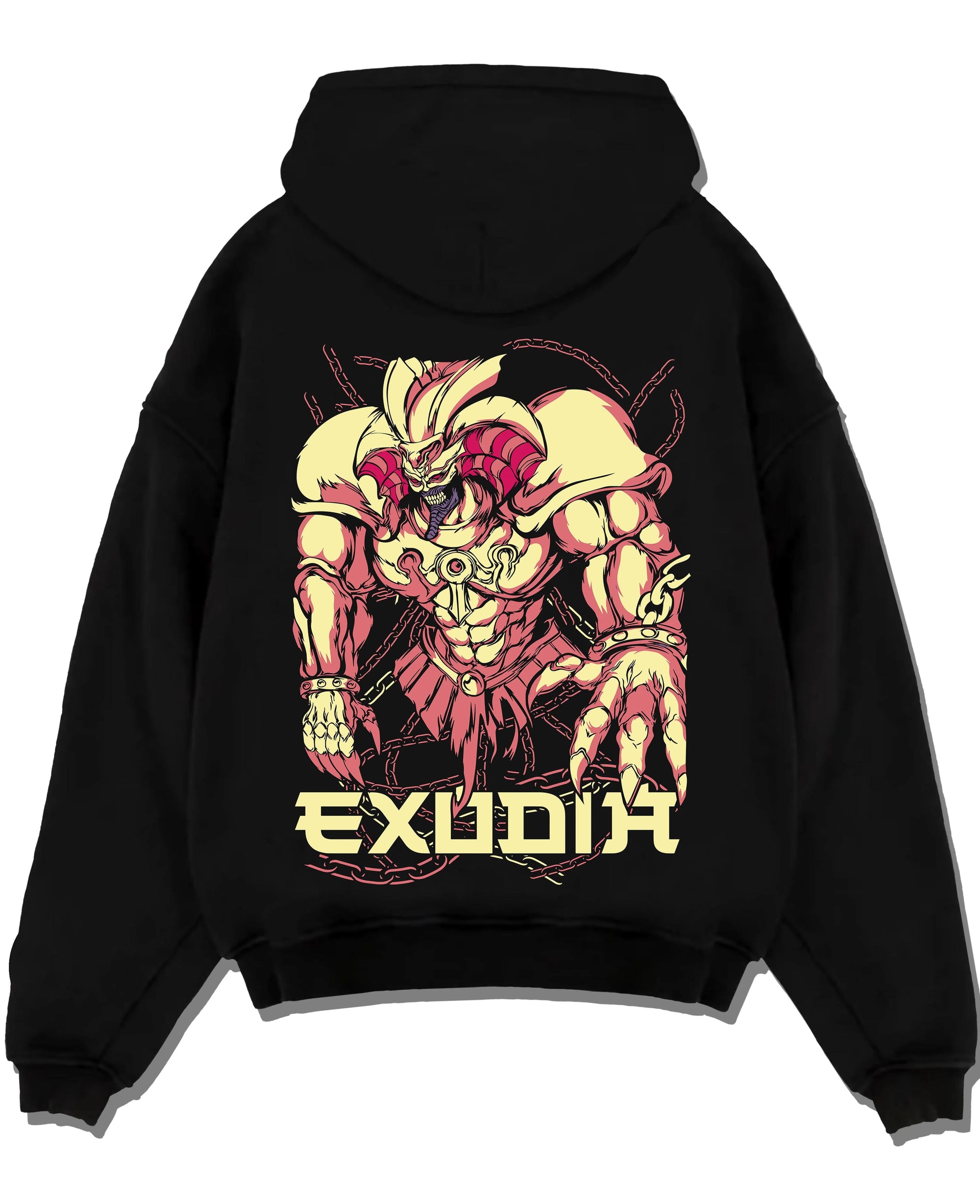 Black pullover hoodie laid flat with Exodia Hoodie Yu-Gi-Oh Legendary Forbidden Monster graphic bold anime graphic.