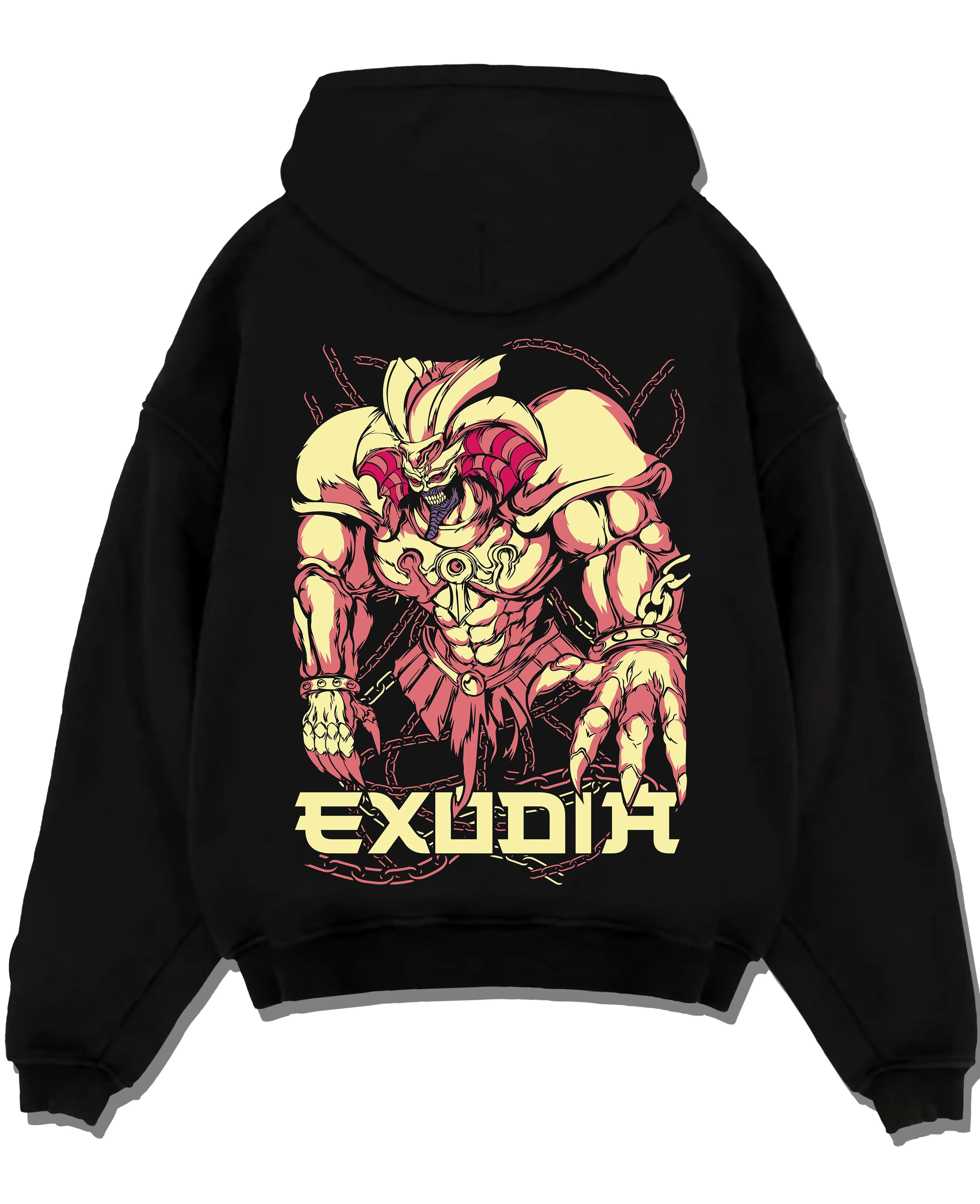 Black pullover hoodie laid flat with Exodia Hoodie Yu-Gi-Oh Legendary Forbidden Monster graphic bold anime graphic.