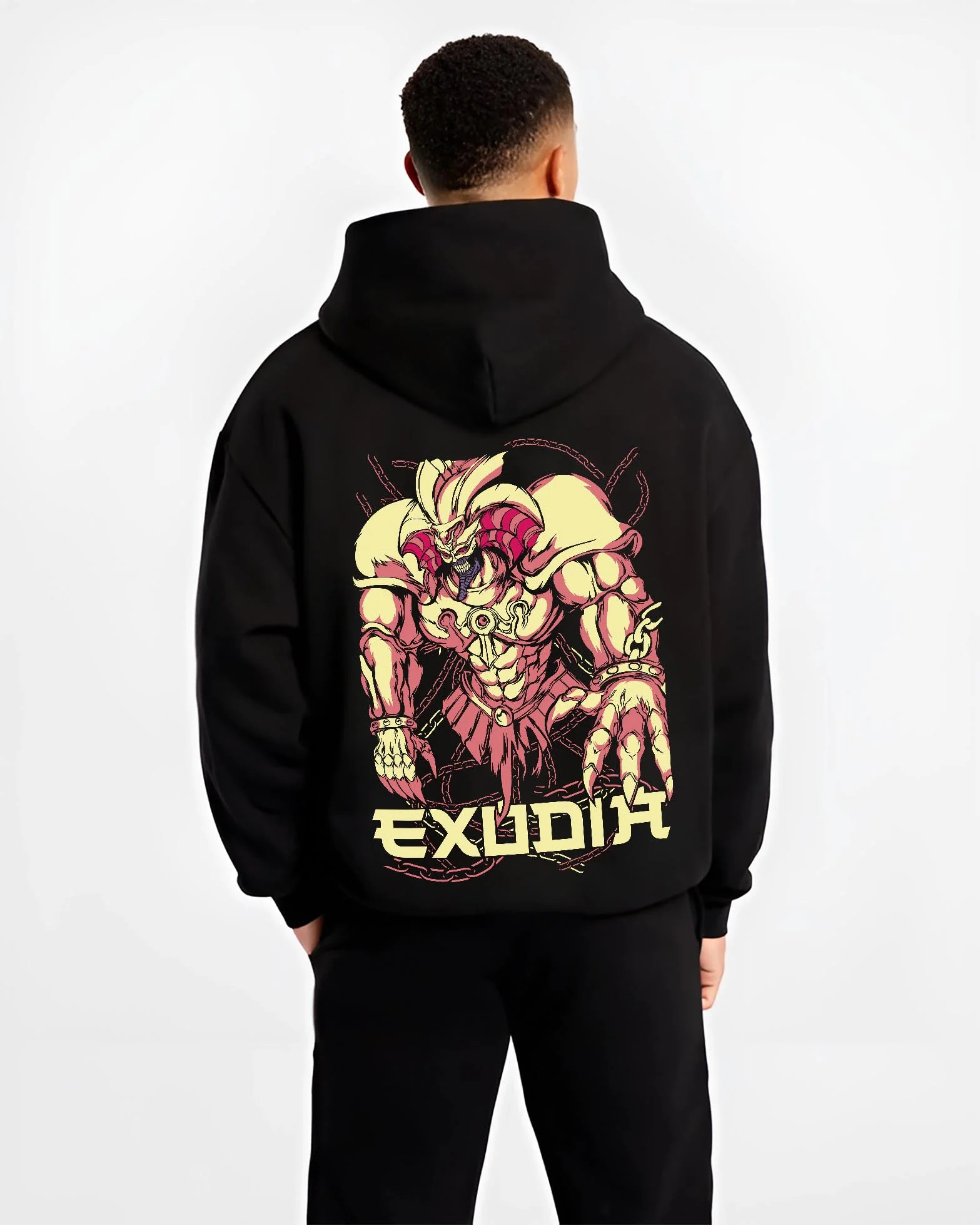 Black hoodie worn by male model, back view with Exodia Hoodie Yu-Gi-Oh Legendary Forbidden Monster graphic premium wear.