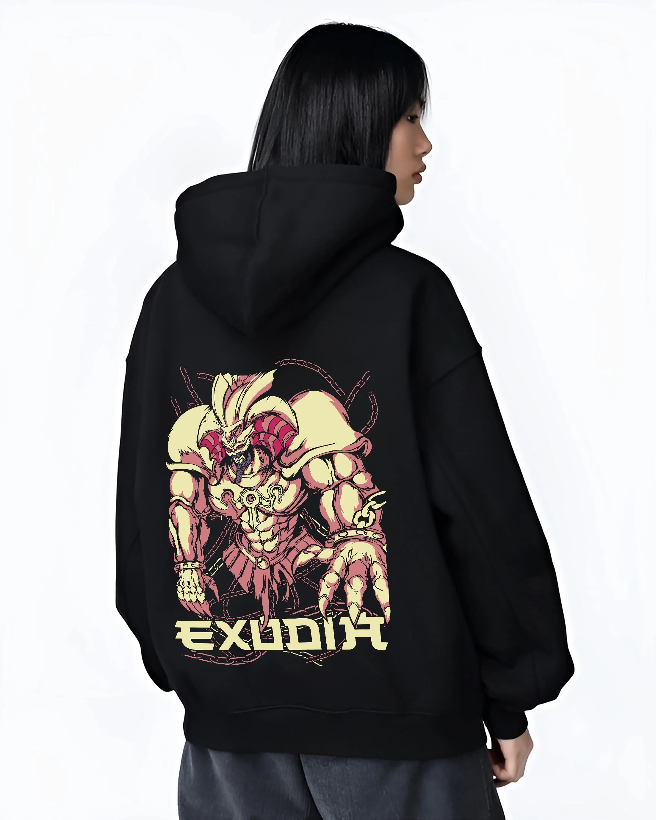 Black hoodie worn by female model, back view with Exodia Hoodie Yu-Gi-Oh Legendary Forbidden Monster graphic premium wear.