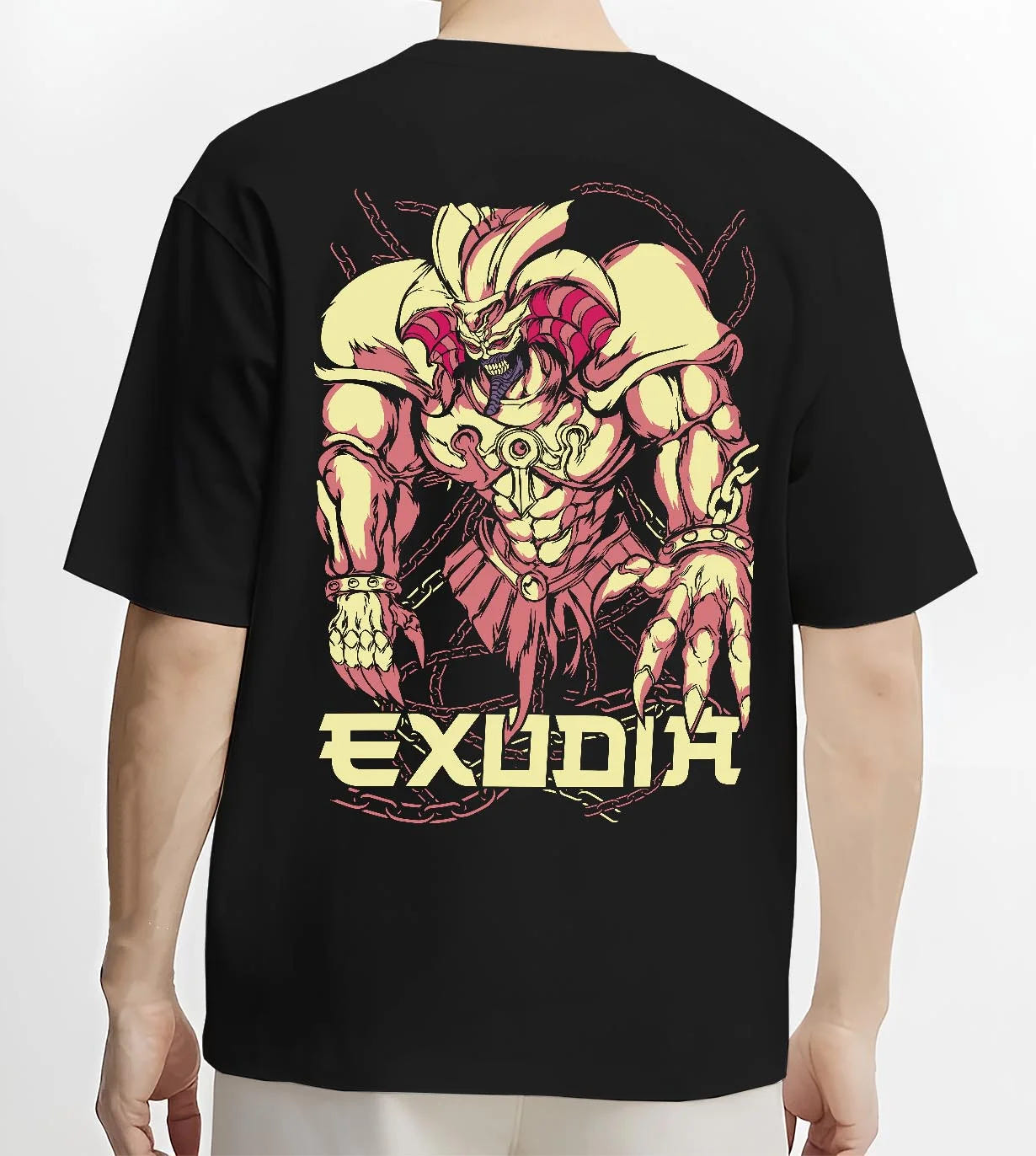 Black T-shirt worn by male model, back view with Exodia Hoodie Yu-Gi-Oh Legendary Forbidden Monster graphic premium wear.