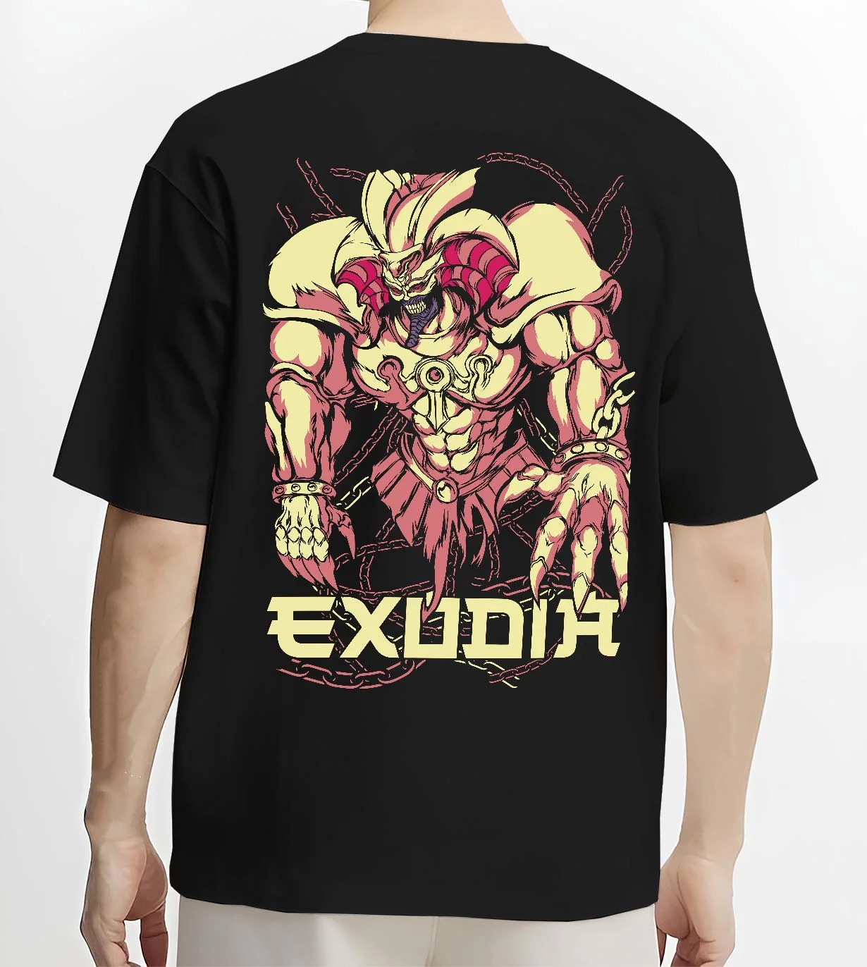 Black T-shirt worn by male model, back view with Exodia Hoodie Yu-Gi-Oh Legendary Forbidden Monster graphic premium wear.