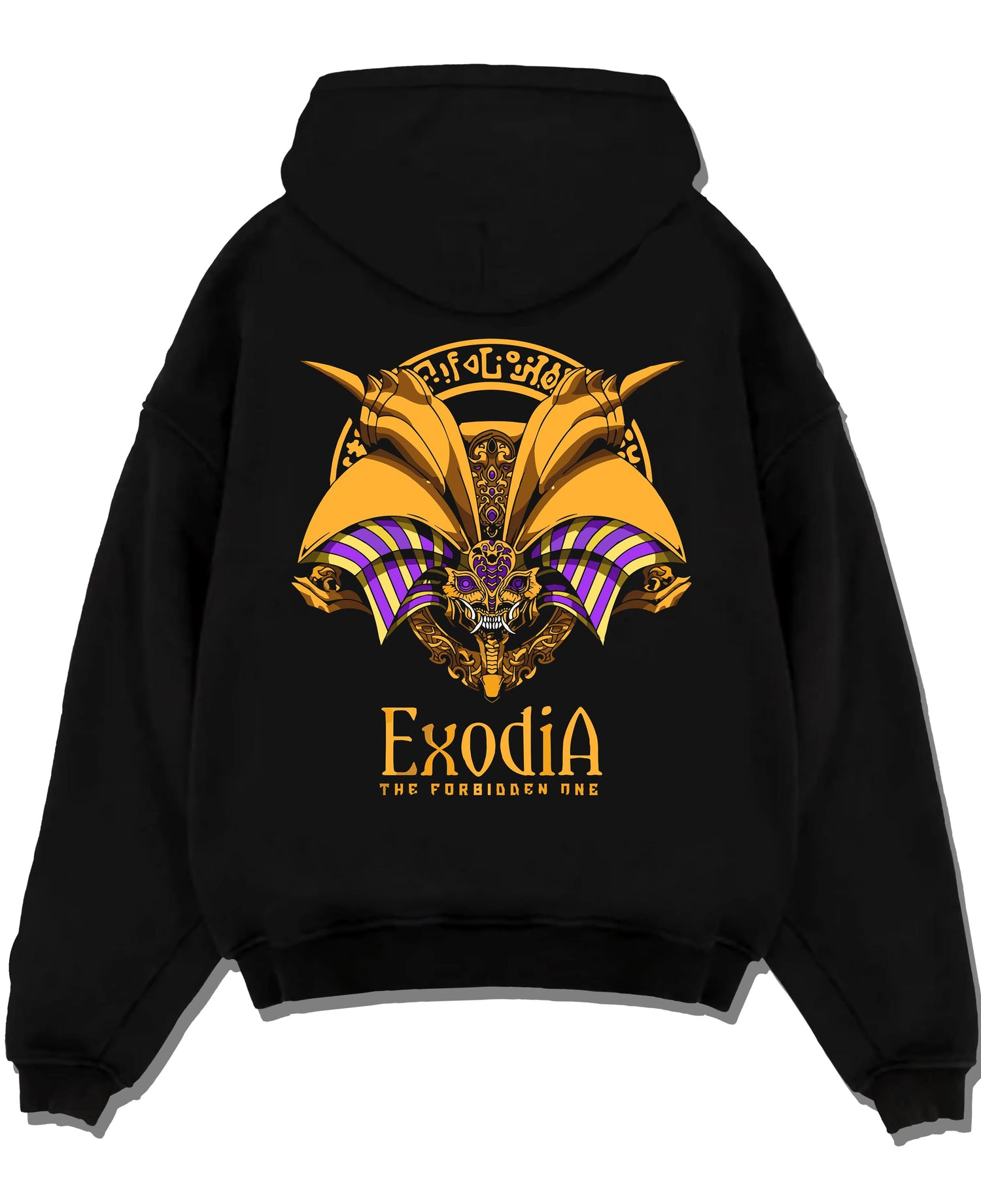 Black pullover hoodie laid flat with Exodia Hoodie Yu-Gi-Oh Legendary Forbidden God Form graphic Exodia anime design.