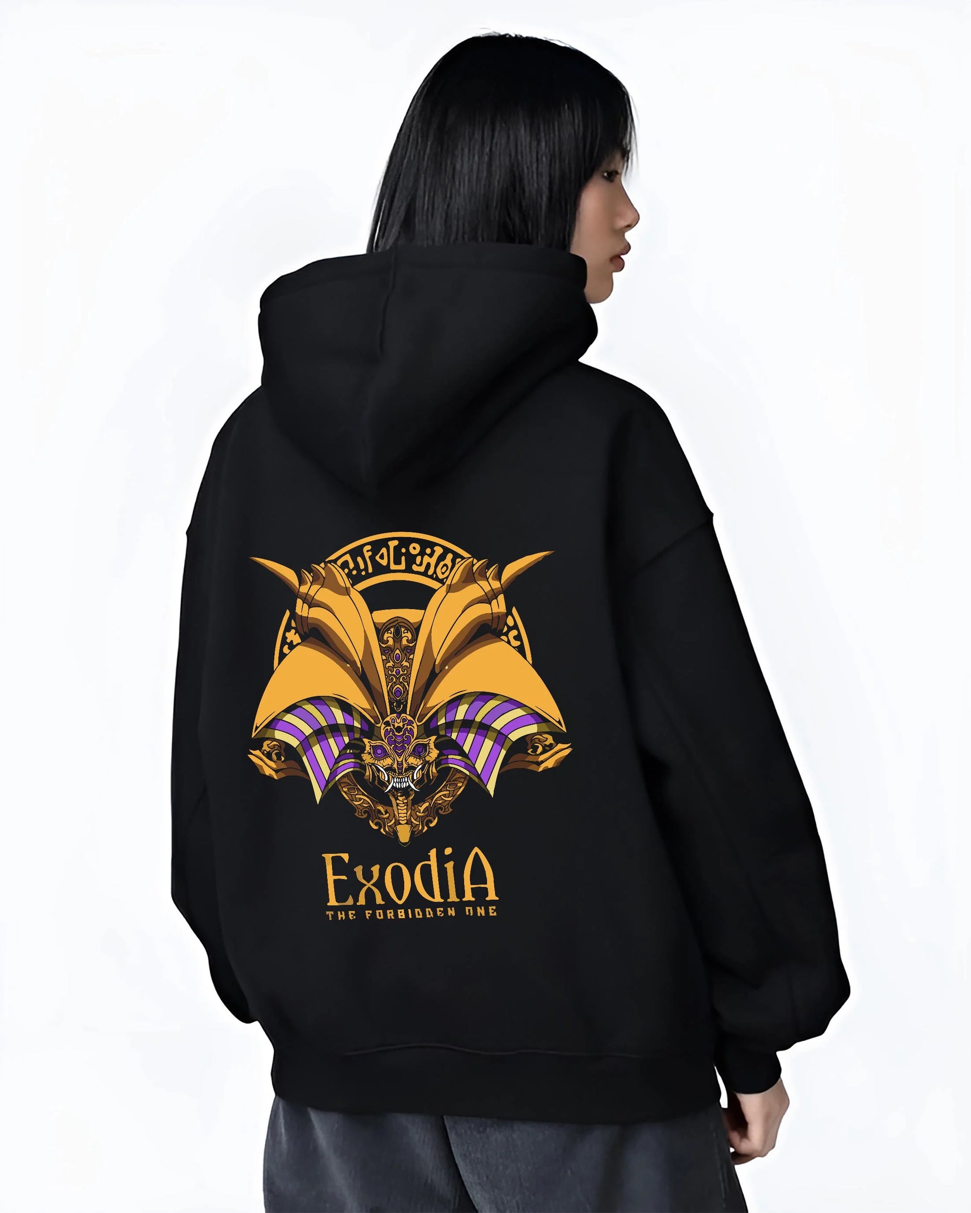 Black hoodie worn by female model, back view with Exodia Hoodie Yu-Gi-Oh Legendary Forbidden God Form graphic Exodia anime design.