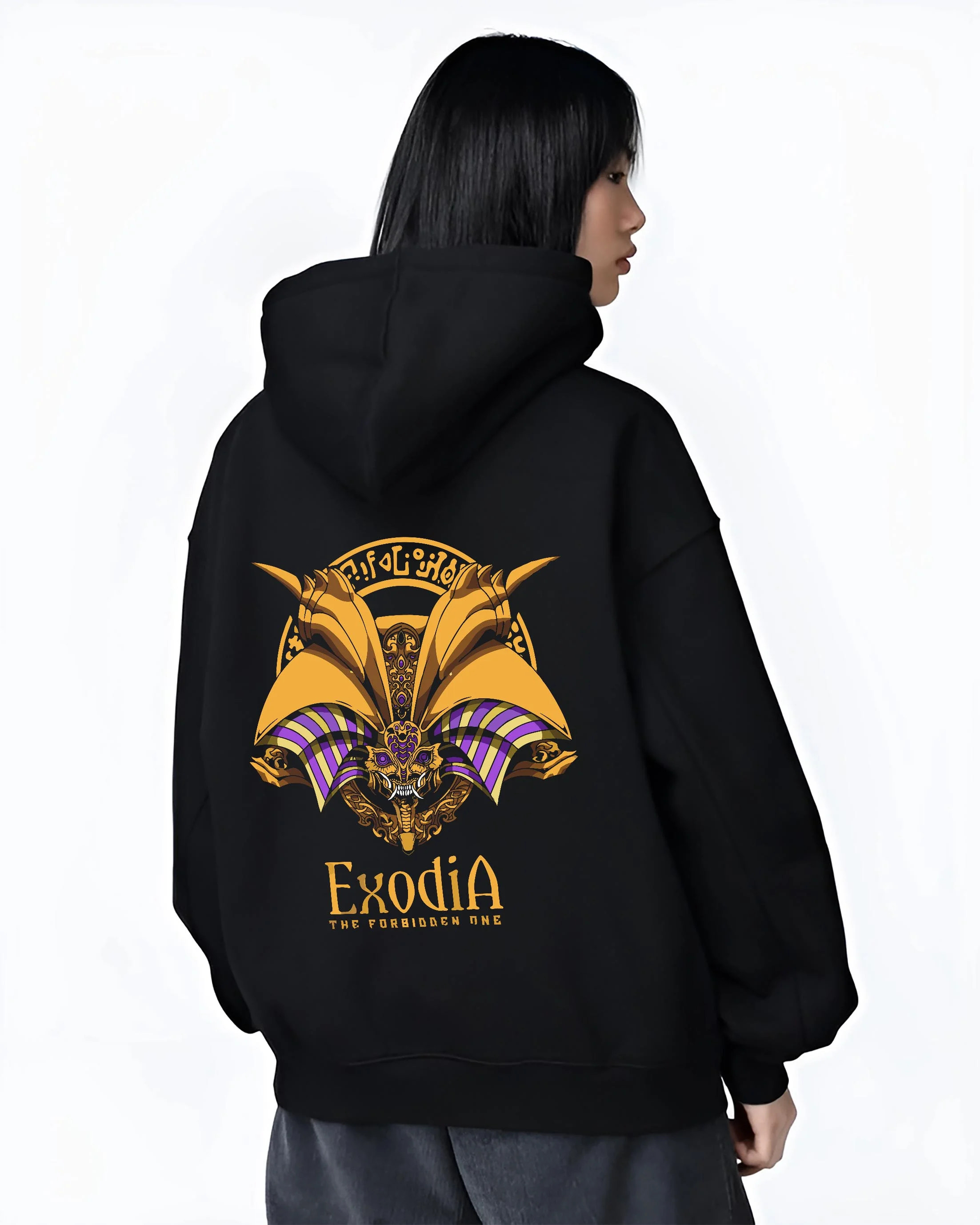 Black hoodie worn by female model, back view with Exodia Hoodie Yu-Gi-Oh Legendary Forbidden God Form graphic Exodia anime design.