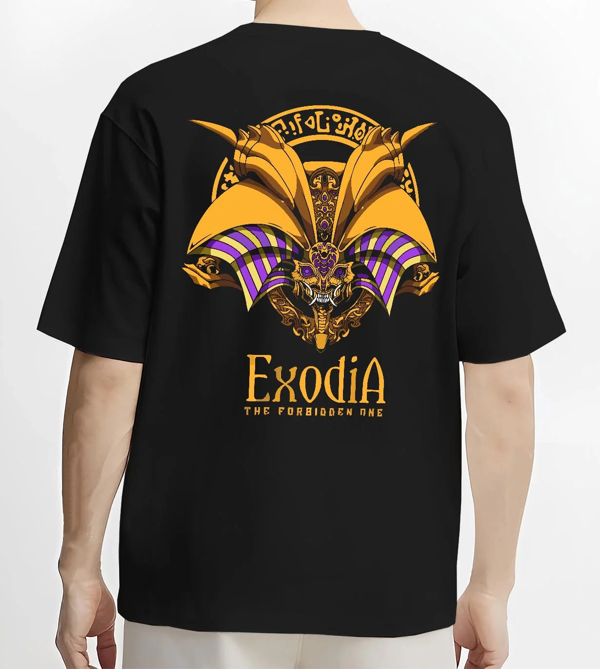 Black T-shirt worn by male model, back view with Exodia Hoodie Yu-Gi-Oh Legendary Forbidden God Form graphic premium wear.