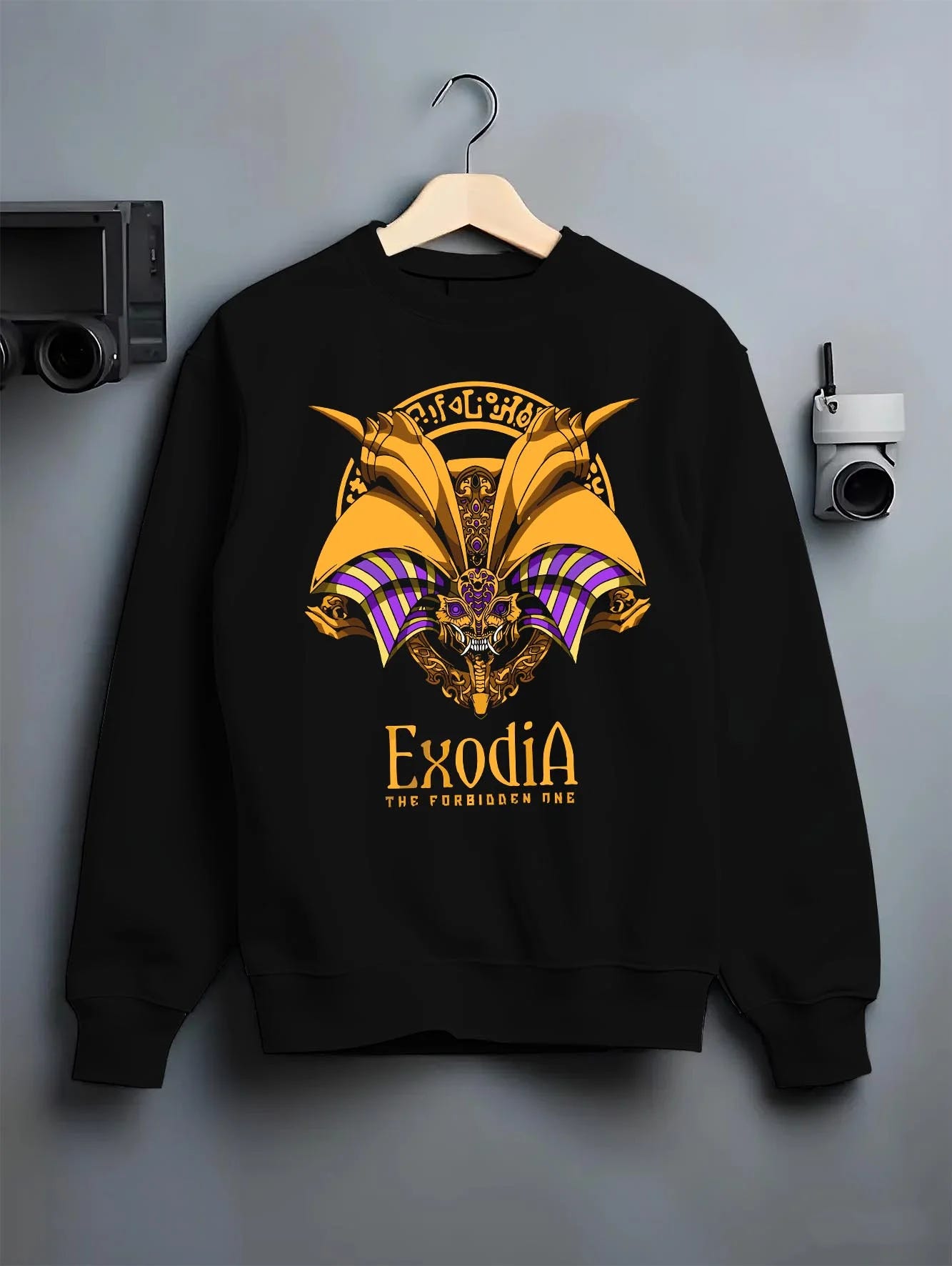 Black crewneck sweatshirt on hanger with Exodia Hoodie Yu-Gi-Oh Legendary Forbidden God Form graphic Exodia anime design.