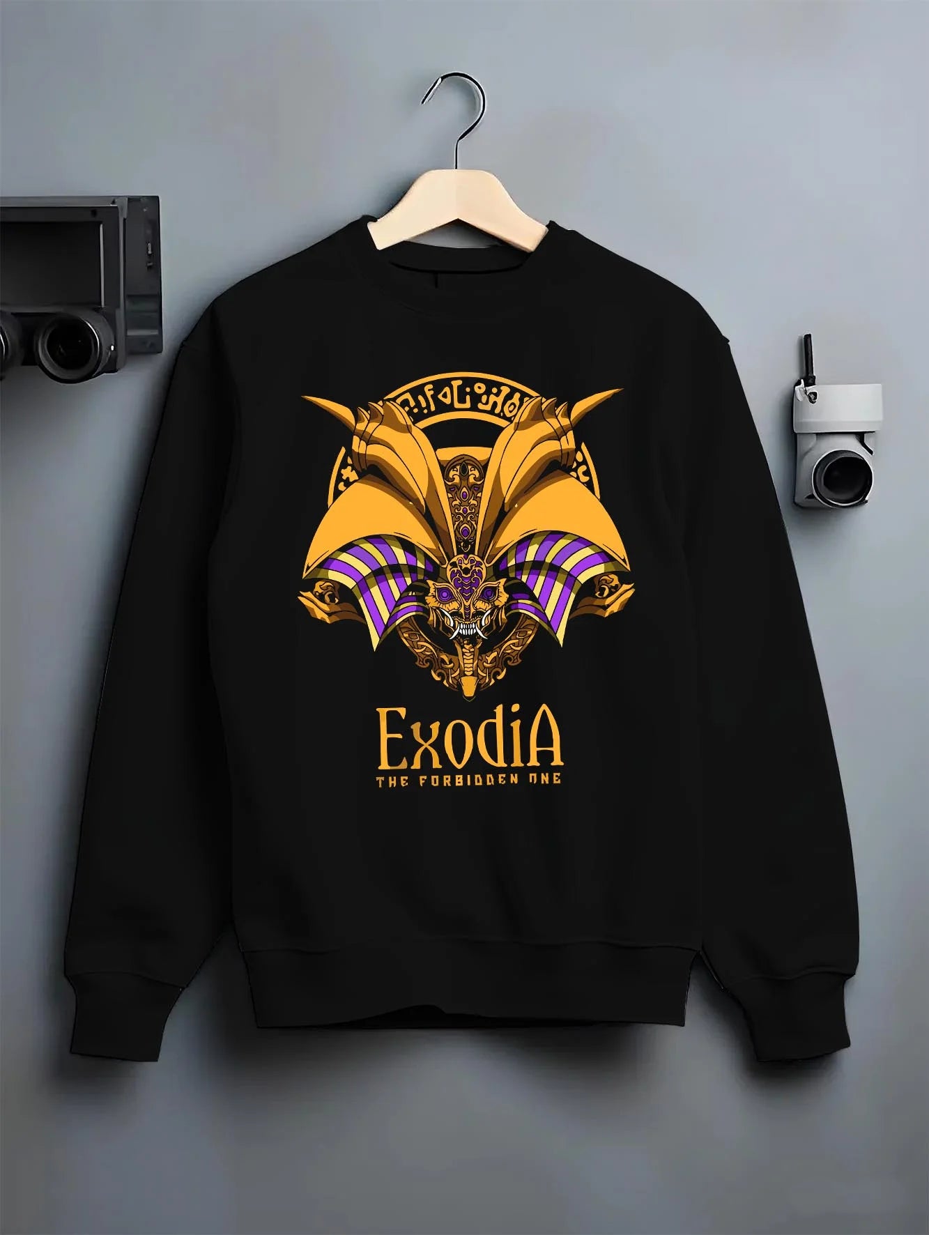 Black crewneck sweatshirt on hanger with Exodia Hoodie Yu-Gi-Oh Legendary Forbidden God Form graphic Exodia anime design.