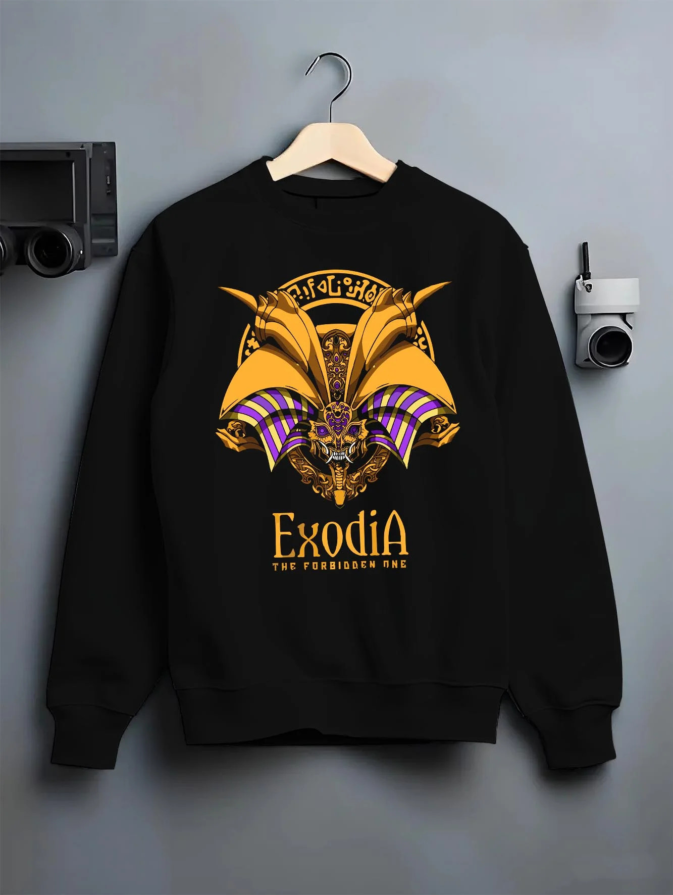 Black crewneck sweatshirt on hanger with Exodia Hoodie Yu-Gi-Oh Legendary Forbidden God Form graphic Exodia anime design.