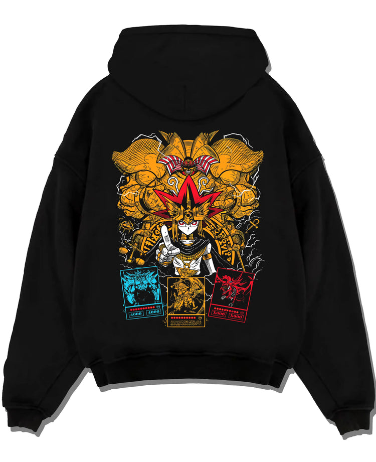 Black hoodie laid flat featuring Exodia Yu-Gi-Oh forbidden power artwork.