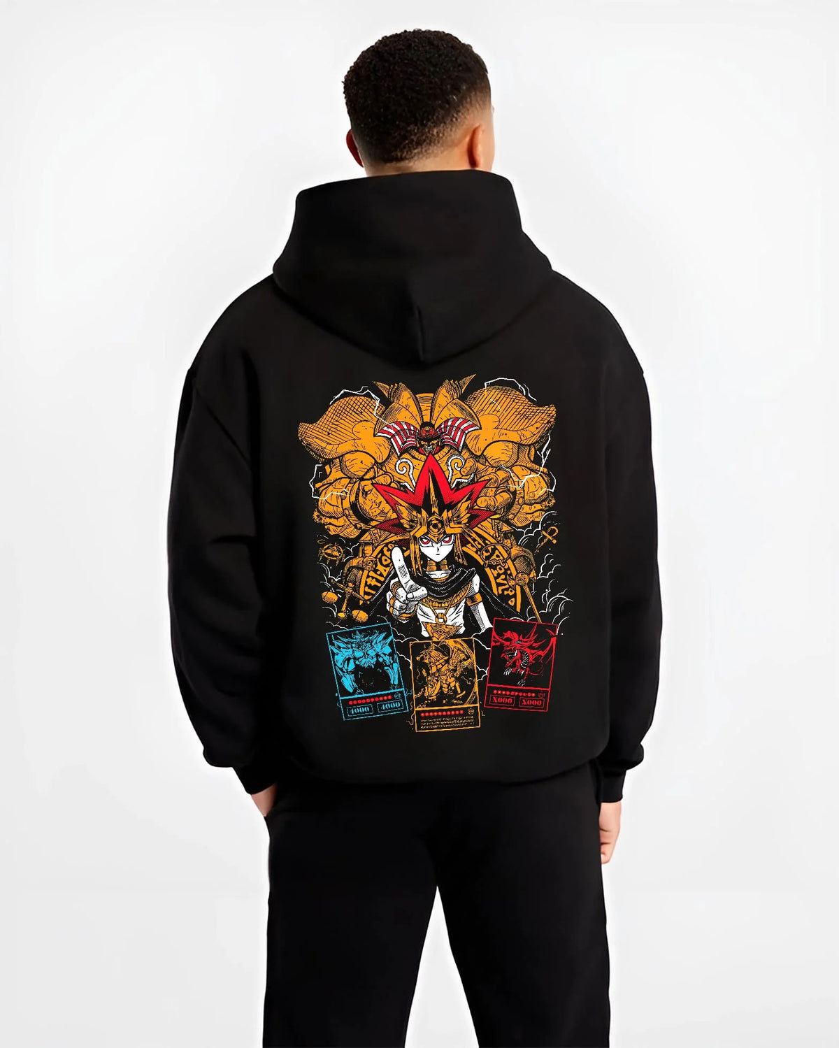 Black hoodie worn by male model from the back featuring Exodia Yu-Gi-Oh forbidden power artwork.